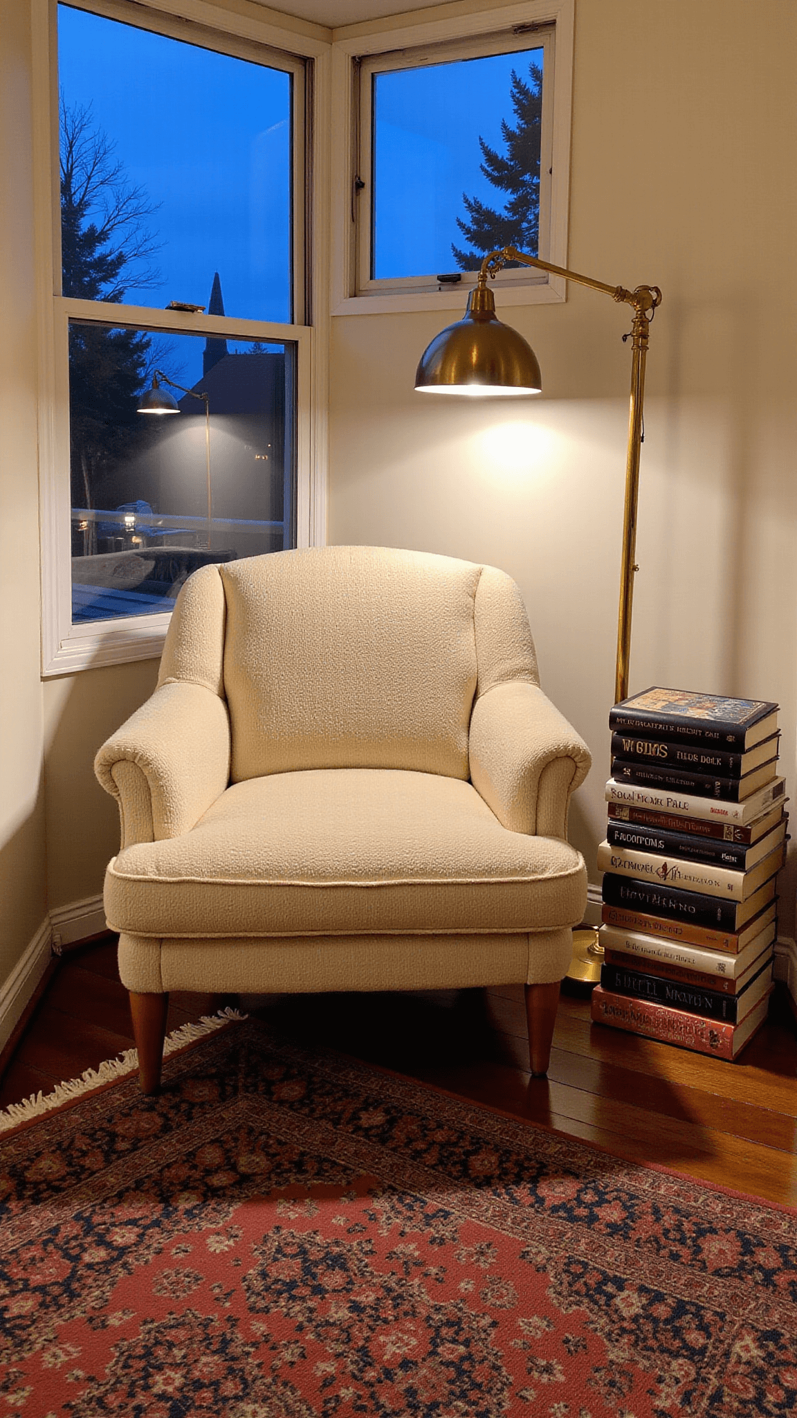 Cozy reading nook at dusk with oversized cream armchair, vintage Persian rugs, brass floor lamp, stacked art books and string lights reflected in window.