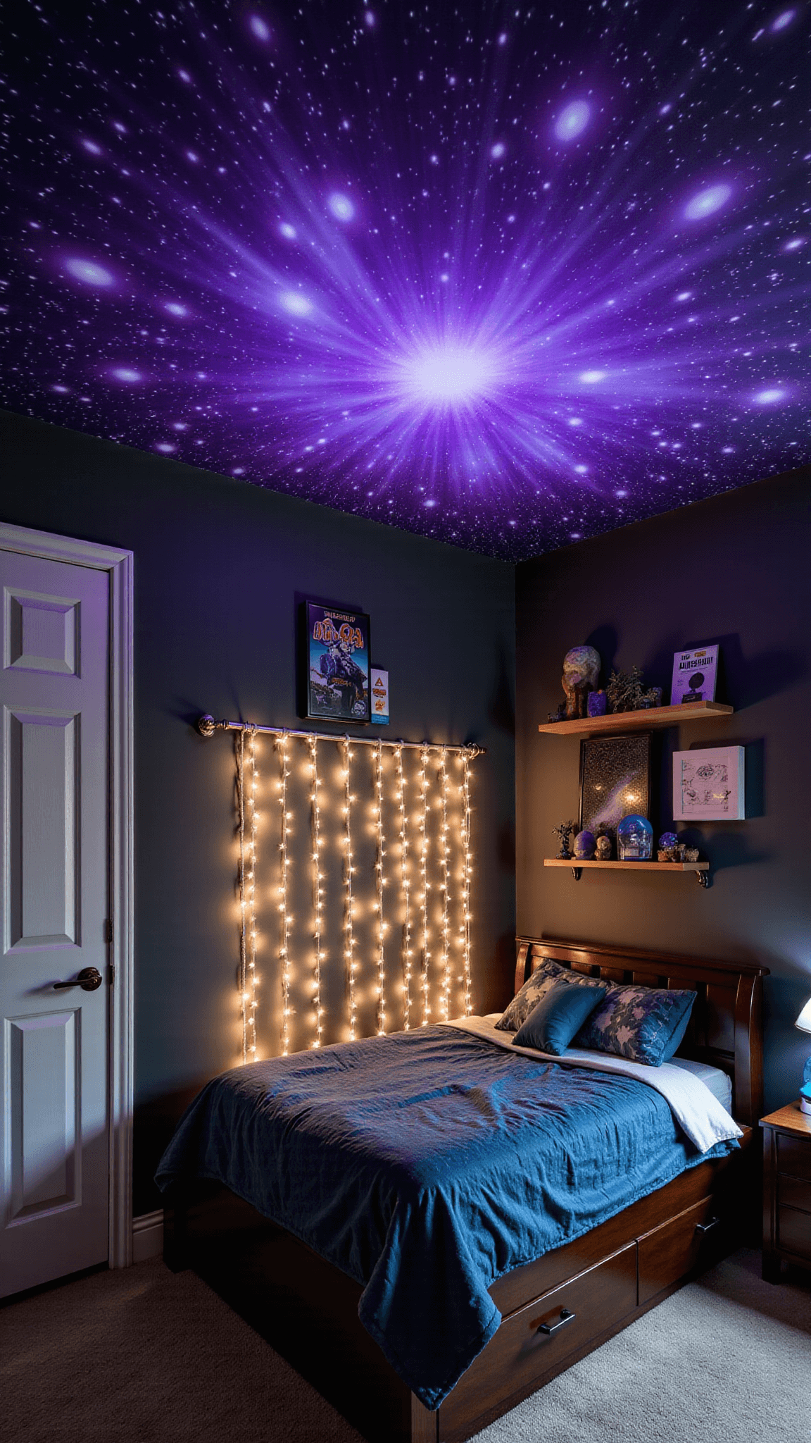 Teen bedroom transformed into a galactic haven featuring glow-in-dark constellation ceiling, nebula-print bedspread, string light curtain, astronomy-themed desk, and space memorabilia.