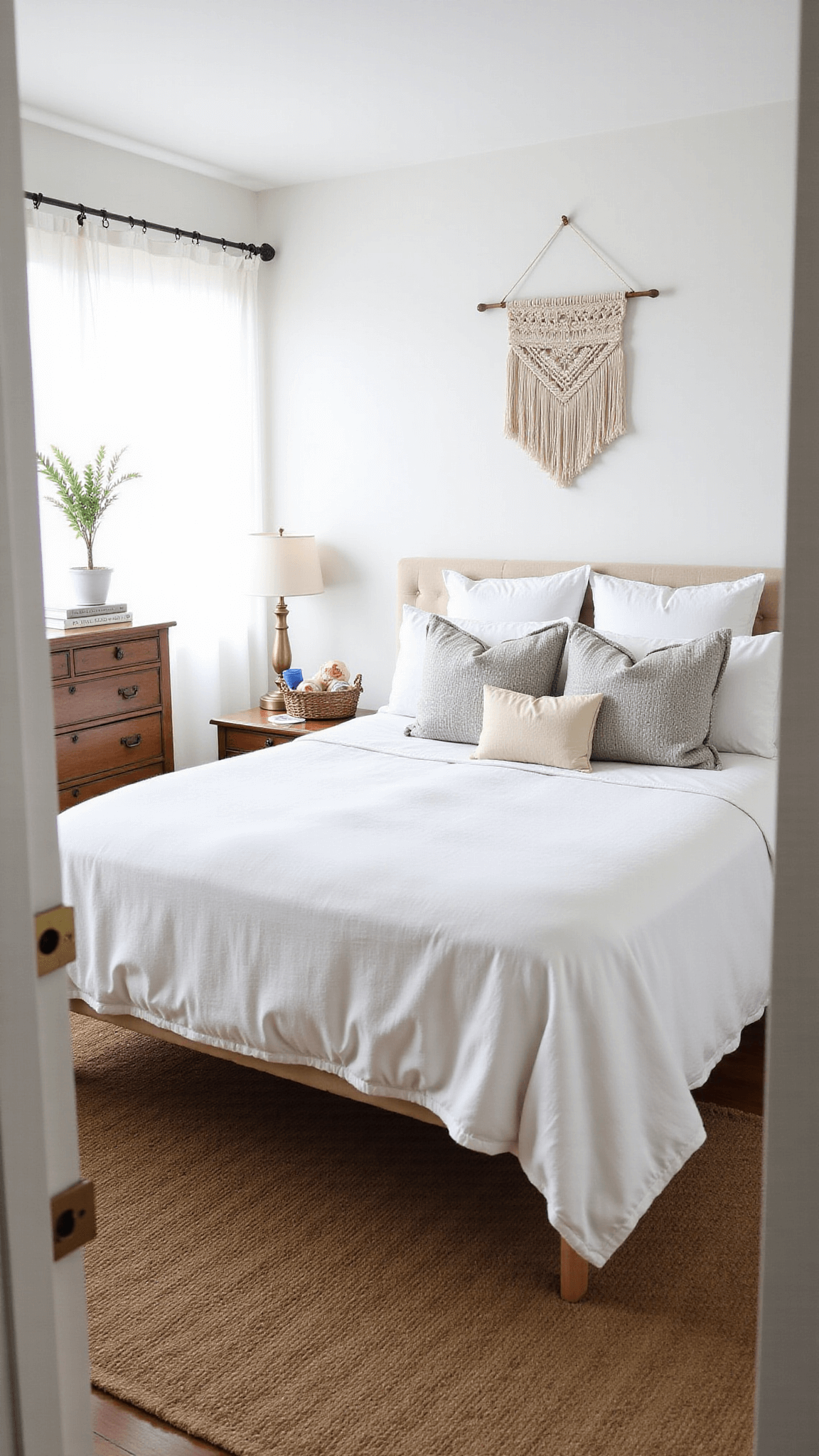 Bright and airy guest room with queen bed, white linens, gray and cream pillows, vintage dresser, jute rug, macramé wall hanging, and a bedside table with towels and artisanal treats, bathed in morning light.