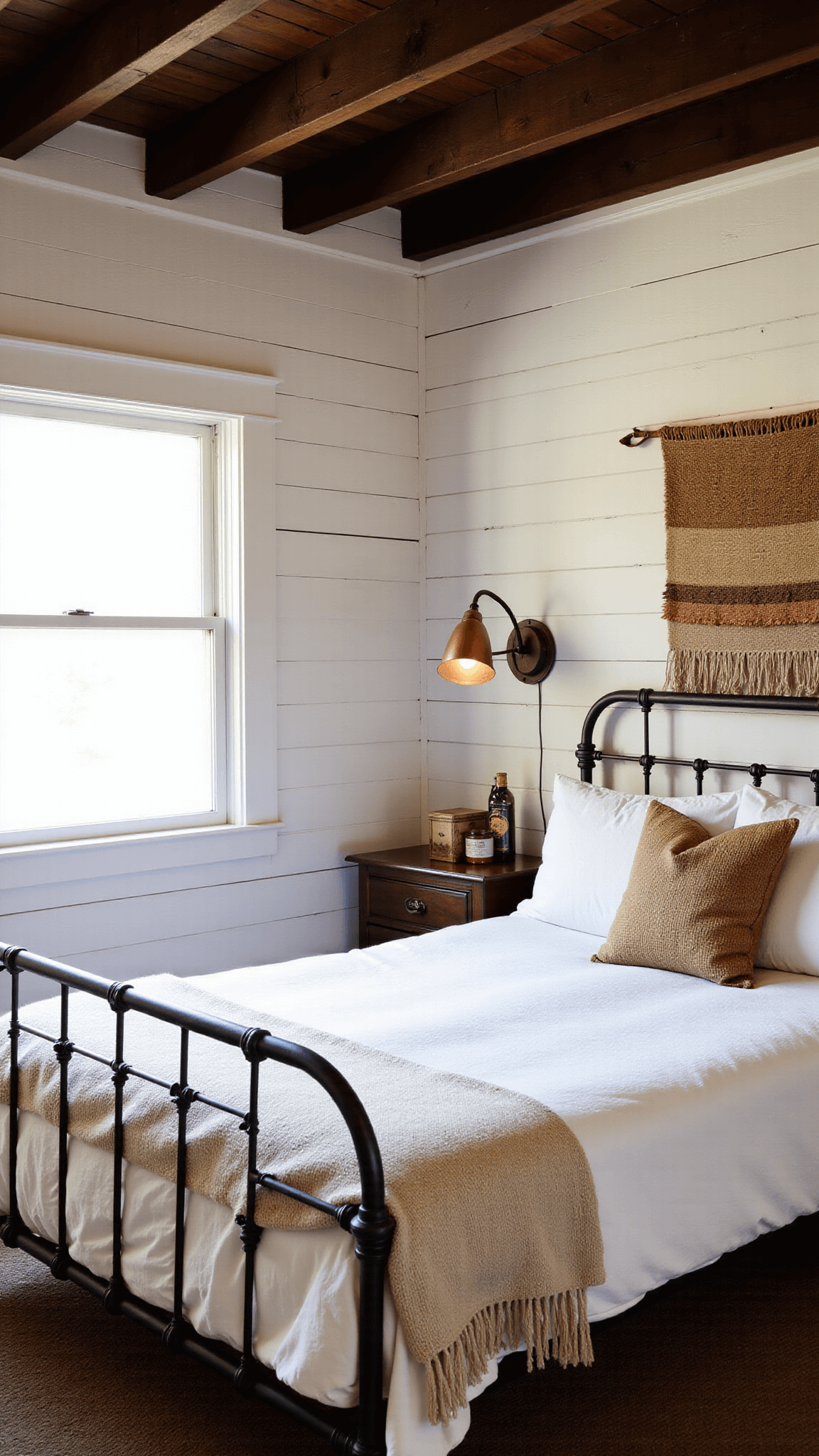 Cozy 10x12ft guest suite with whitewashed walls, dark ceiling beams, iron-frame bed dressed in earth toned linens, handwoven tapestry above headboard, and vintage industrial lamp during late afternoon glow
