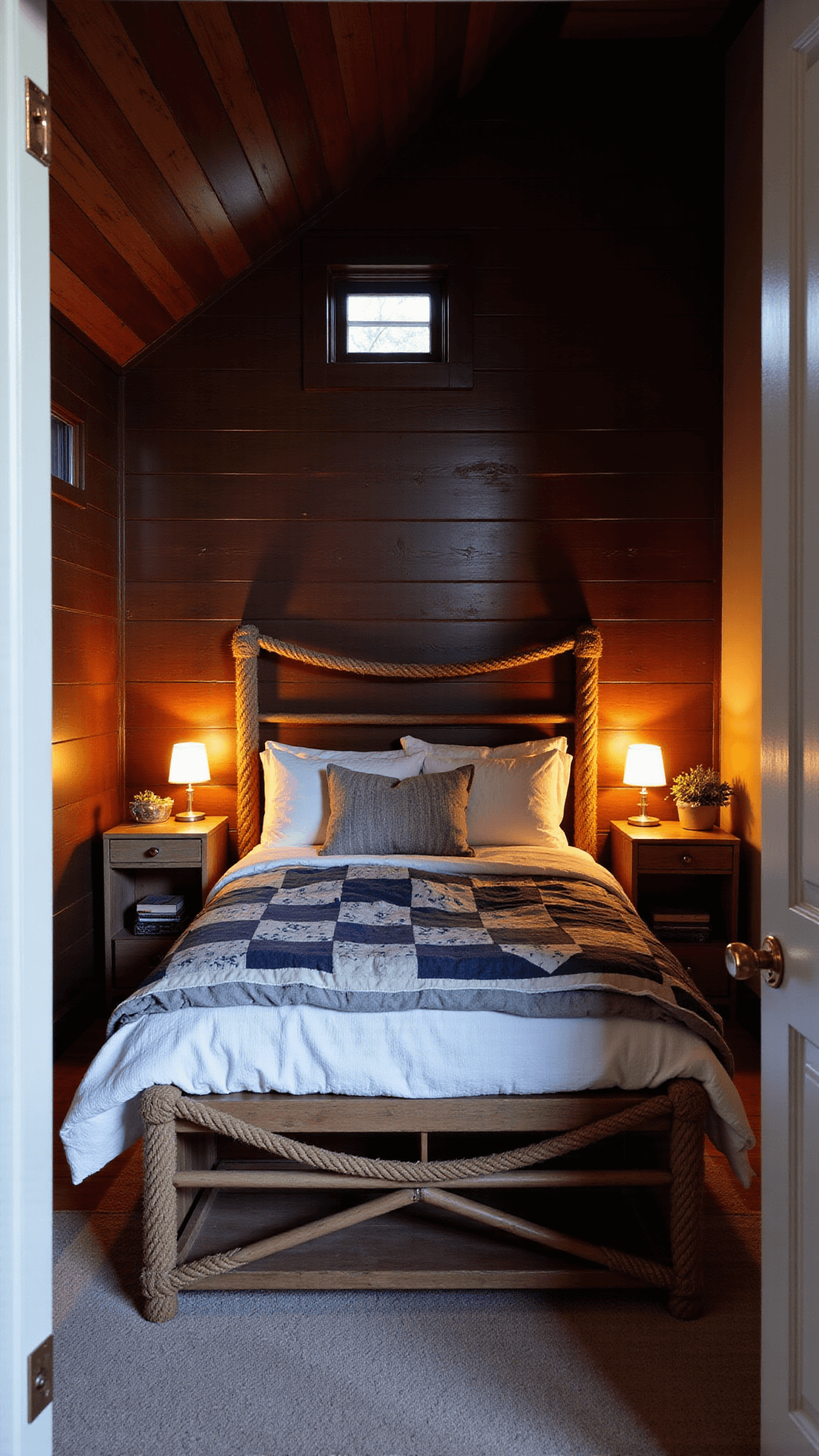 Cozy 10x10ft guest hideaway with an angled ceiling of dark wood, a dormer window, a full-size rope bed with vintage quilts, apple crate nightstands with oil lamps, in warm hues of deep brown and faded indigo in twilight lighting.