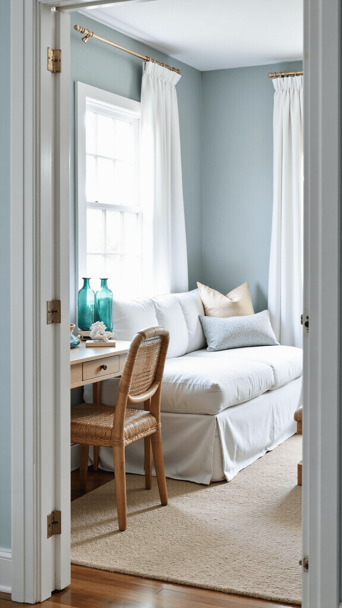 Bright and airy 9'x10' coastal modern room with blue-gray walls, white slipcovered sofa, bleached wood desk, rattan chair, neutral rugs, white linen curtains, and coastal accents in natural light.