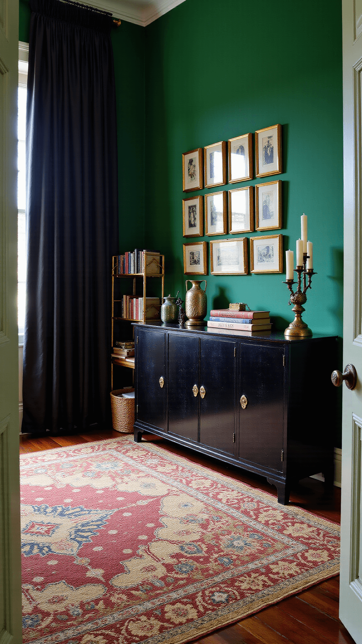 Maximalist art salon with golden frames on emerald walls, vintage Persian rug, black lacquered cabinet, and brass étagère filled with books. Lighting from French doors dramatizes the rich tones.