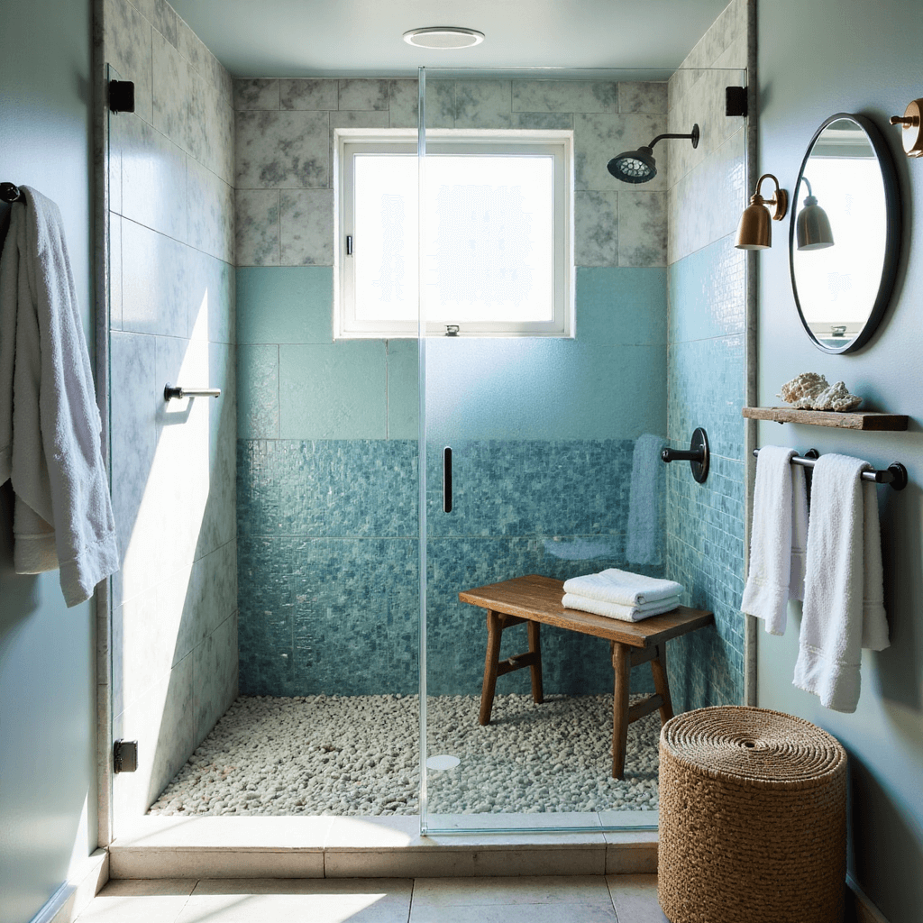 Sunny coastal bathroom with herringbone tiles, glass shower enclosure, pebble shower floor, teak bench, blue gradient mosaic walls, brass sconces and beach-themed decorations