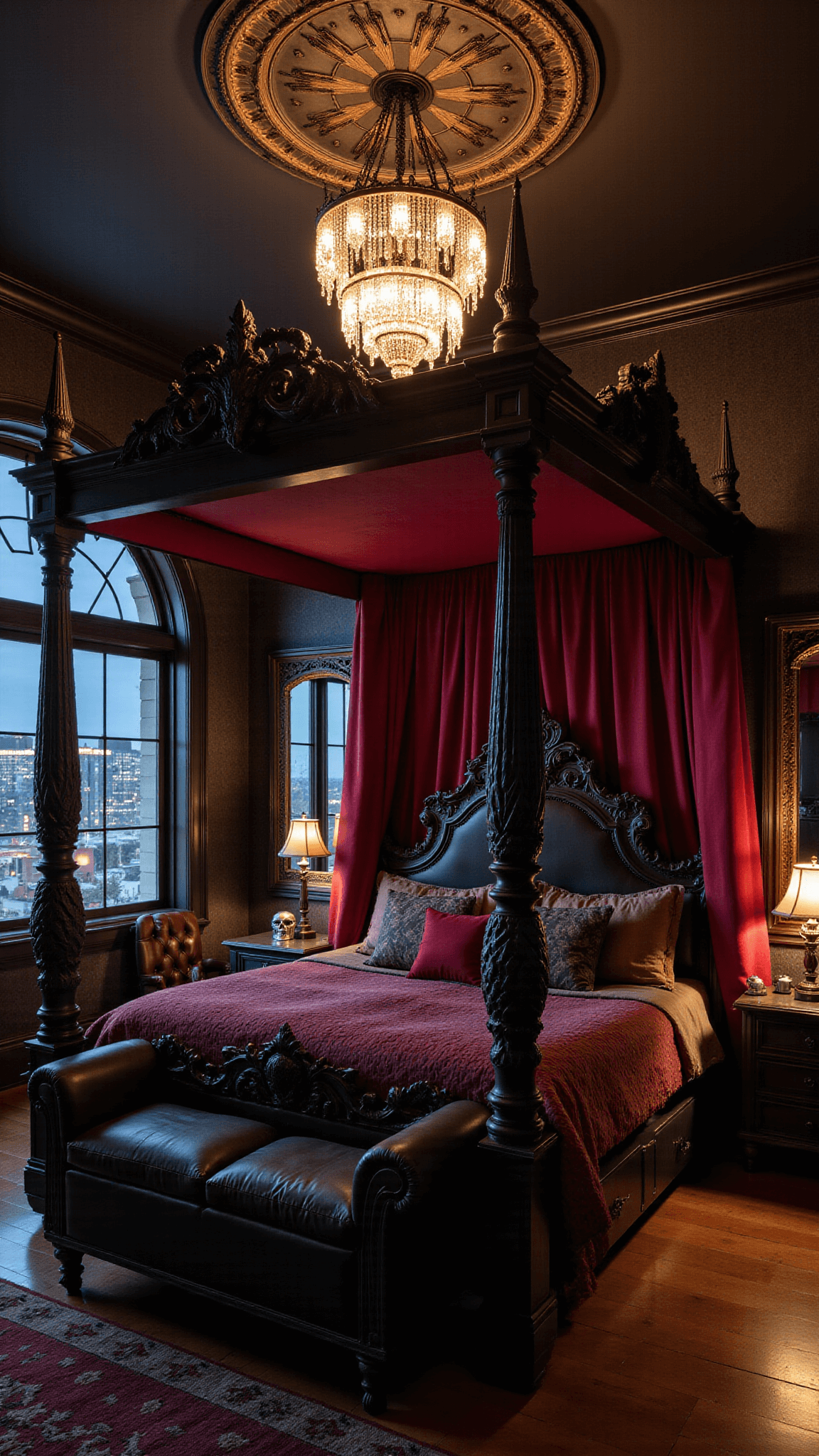 Gothic master bedroom at midnight with four-poster dragon bed, red silk curtains, antique mirrors, LED candle light, crystal chandelier, leather wing chairs, and metallic skull accessories, viewed from an elevated perspective revealing ceiling medallion and city lights through Gothic windows.