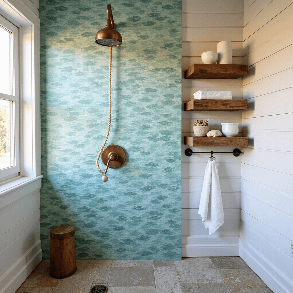 Coastal shower space with aqua wave-patterned tiles, natural limestone flooring, rainfall copper showerhead, and styled oak shelves during golden hour
