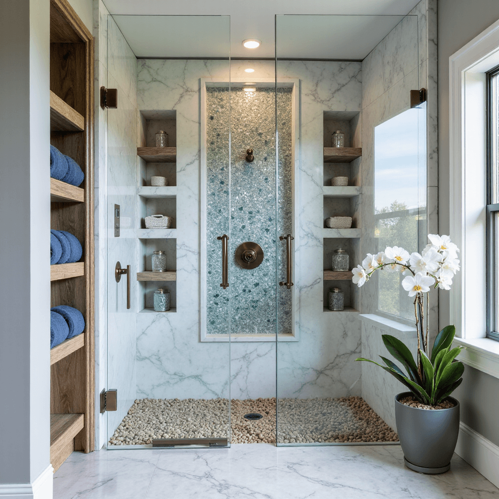 Luxurious marble master bathroom in soft morning light with an opulent fish scale mosaic, bronze-framed shower, heated pebble floor, and driftwood lined niches accessorized with white orchids and navy towels.
