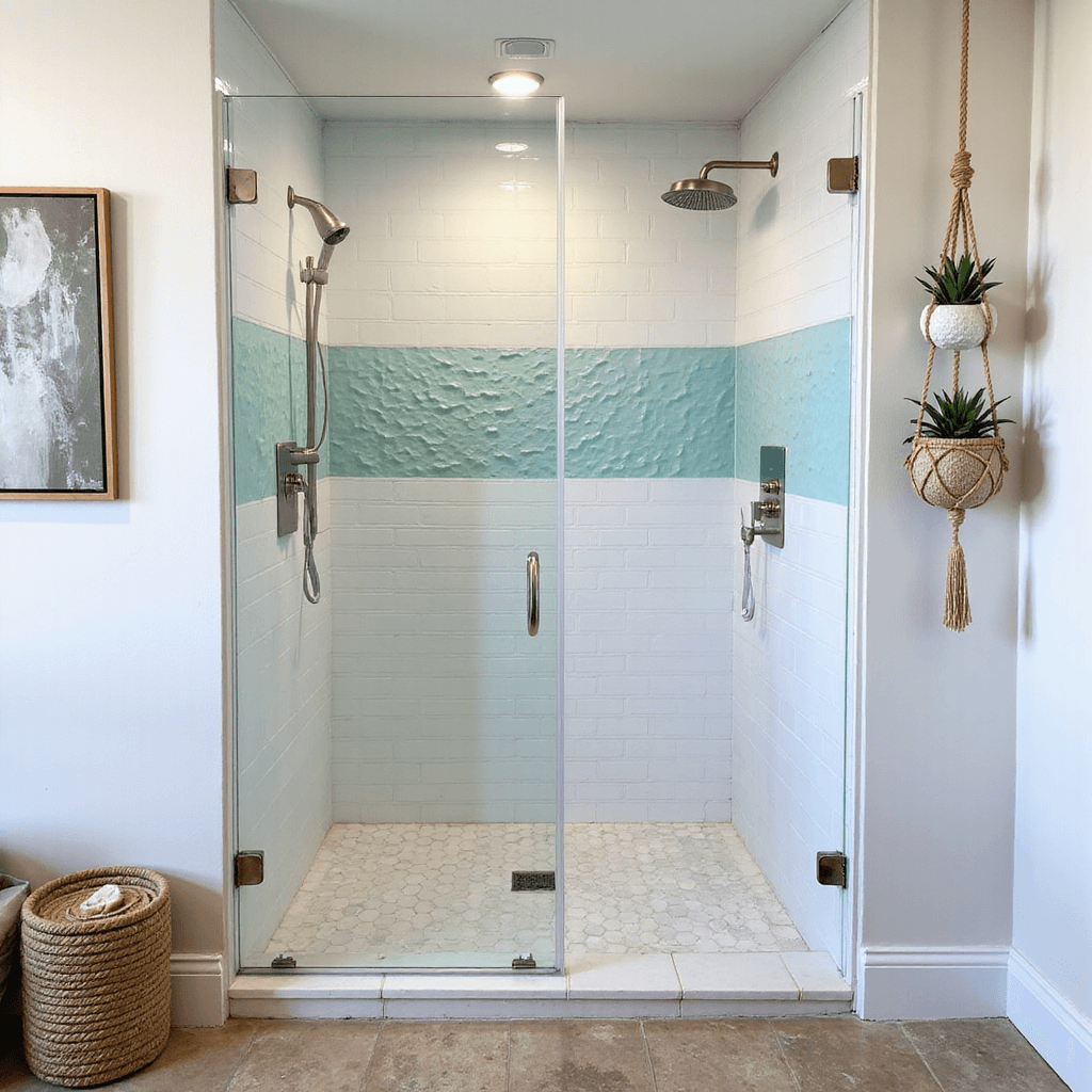 Cozy 5x7ft shower nook with white subway tiles, light blue glass accents, brushed nickel fixtures, and styled with sea-themed decorations, shot during mid-afternoon