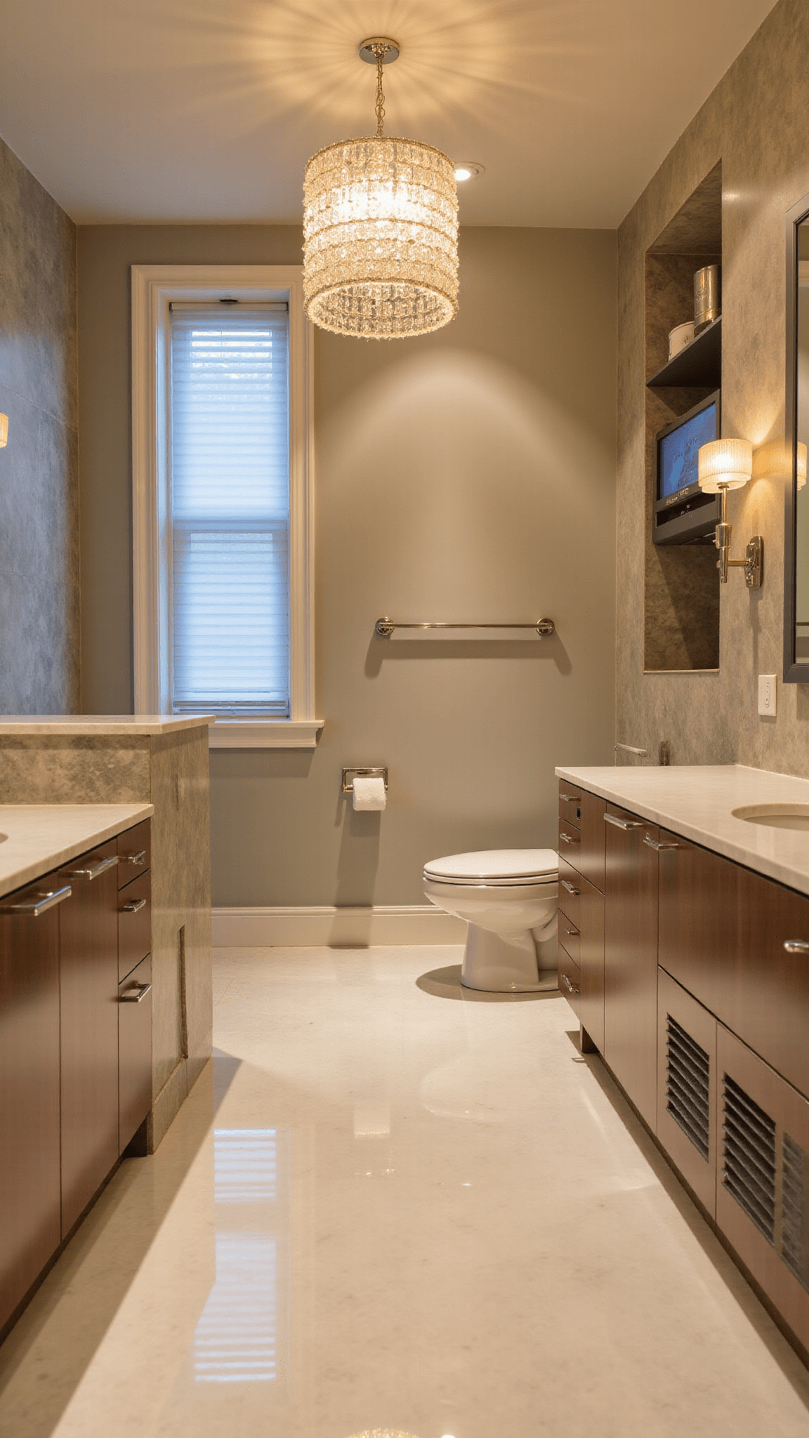 Luxurious spa-like bathroom with Japanese smart toilet, digital steam shower, smart mirror, heated marble floors, automated blinds and color-changing chandelier, shot during sunset