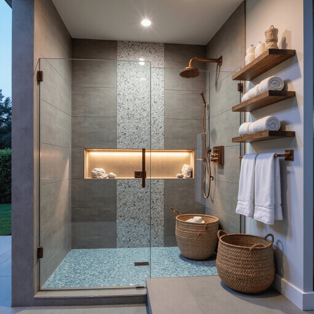 Dusk-lit spacious shower with driftwood porcelain tiles, mother-of-pearl mosaic wall, coastal blue penny tile floor, copper sconces, LED strip lighting, and styled with coral accents, white towels, and water hyacinth baskets
