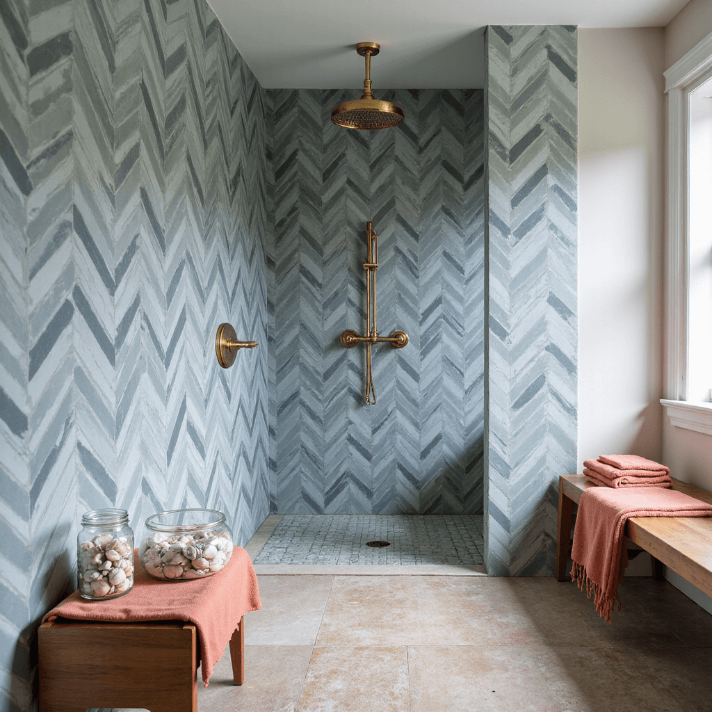 Chevron-patterned blue and gray wall tiles, brass rainfall shower, and natural stone floor with seashell inclusions in a sophisticated 7x9ft shower styled with teak bench, glass jars filled with shells, and soft coral linen towels