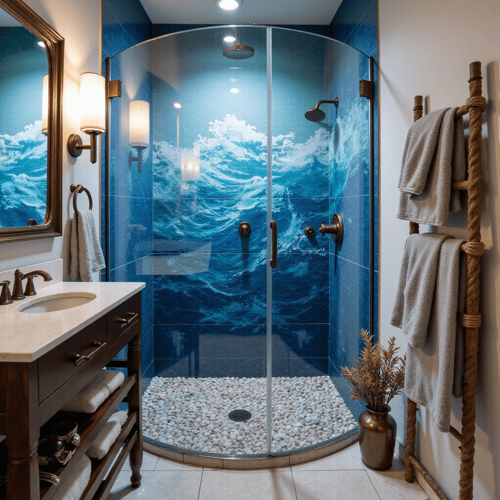 Custom glass tile mural of abstract waves in blue corner shower with pebble-inlay floor and oil-rubbed bronze hardware, styled with rope-wrapped mirrors and driftwood ladders with Turkish towels during blue hour.