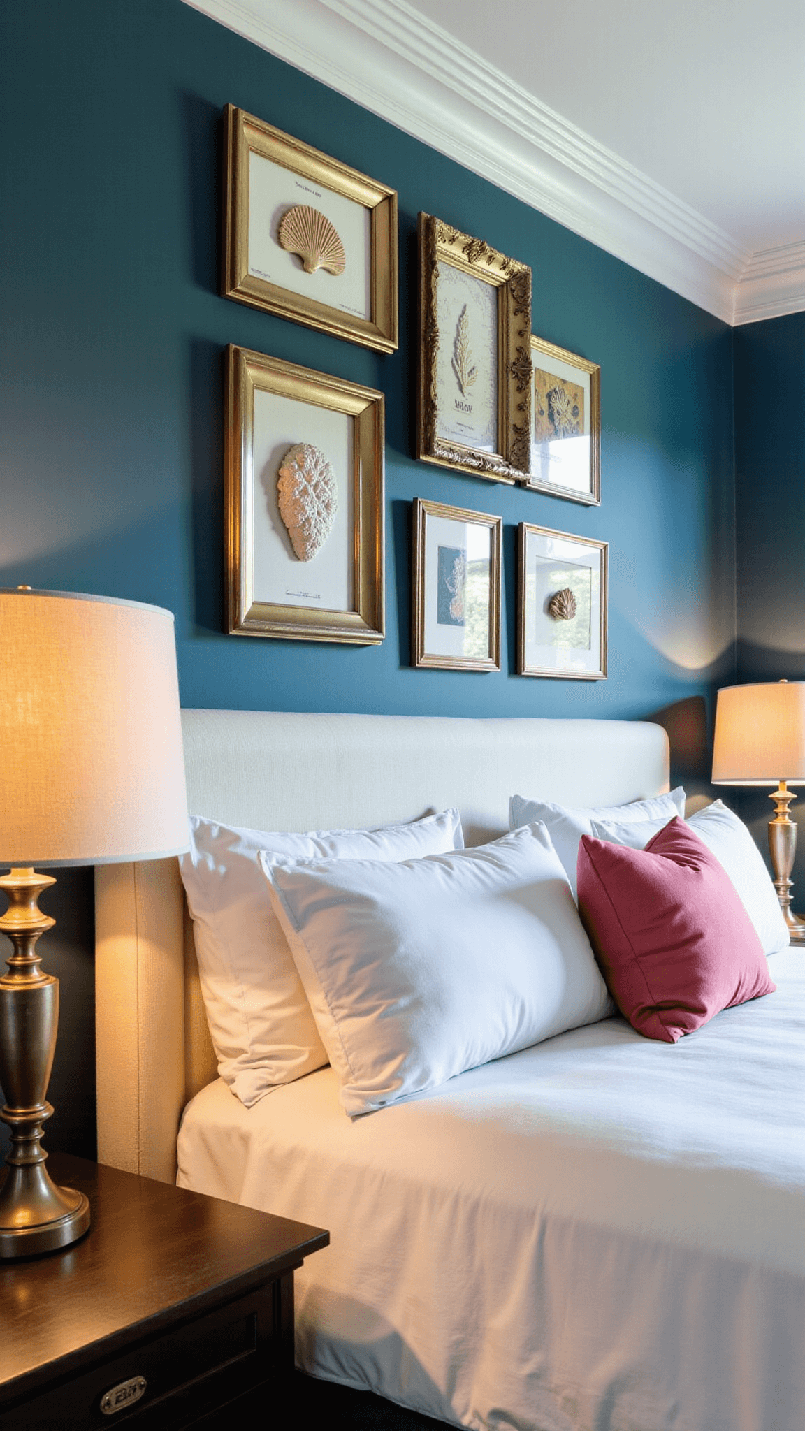 Master bedroom with architectural molding and twilight blue hour lighting featuring framed coral specimens and antique maritime maps in mixed metallic frames on accent wall, white linen upholstered headboard beneath, ceramic table lamps with textured natural shades, shot at a 45-degree angle.
