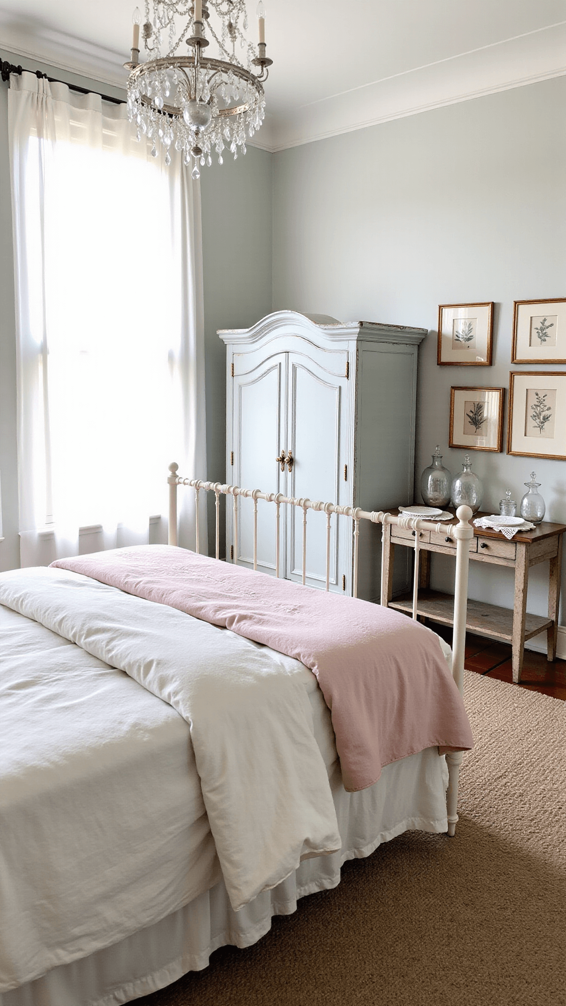 Sunlit vintage-style bedroom in soft pastels with distressed white iron bed, pale blue French provincial armoire, and crystal chandelier, decorated with vintage botanical prints and antique lace doilies.