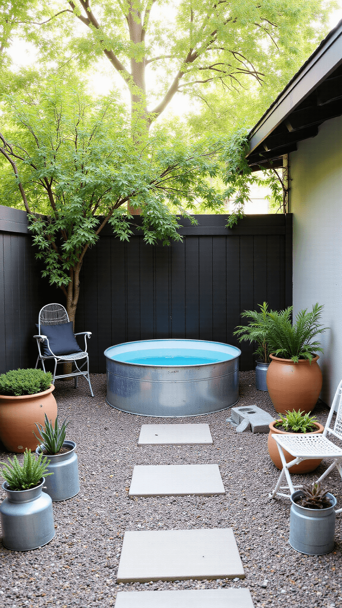 Morning light filtering through jasmine onto a modern farmhouse stock tank pool in a gravel courtyard, decorated with vintage watering can planters, minimalist metal chairs, and terracotta pots with succulents.