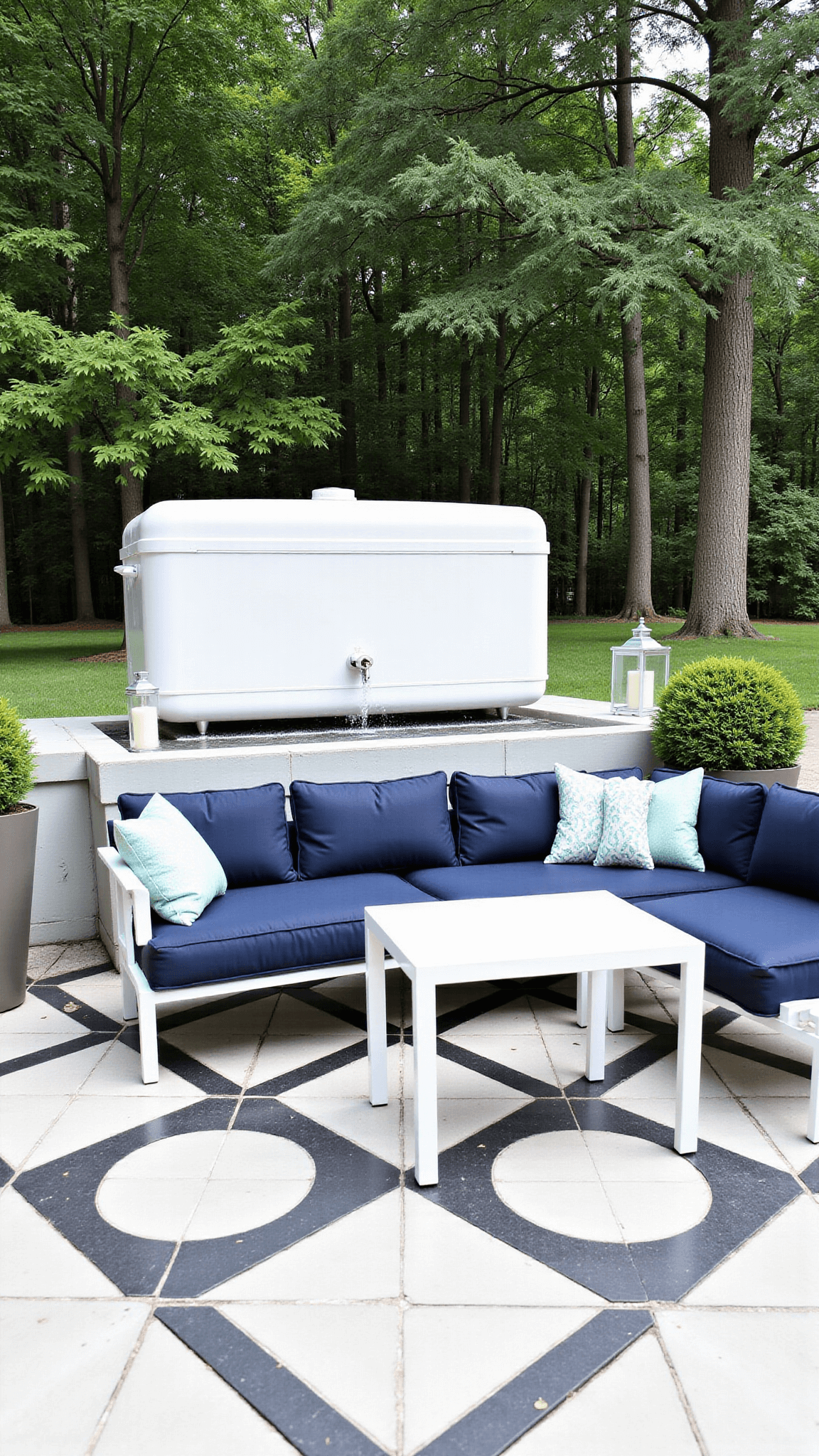 Modern outdoor setup featuring an elevated 6ft stock tank with waterfall, geometric cement tiles, sleek white metal furniture with navy cushions, structured boxwood planters and glass hurricane lanterns, with a palette of bright steel, crisp white, navy and celadon green accents, shot from above.