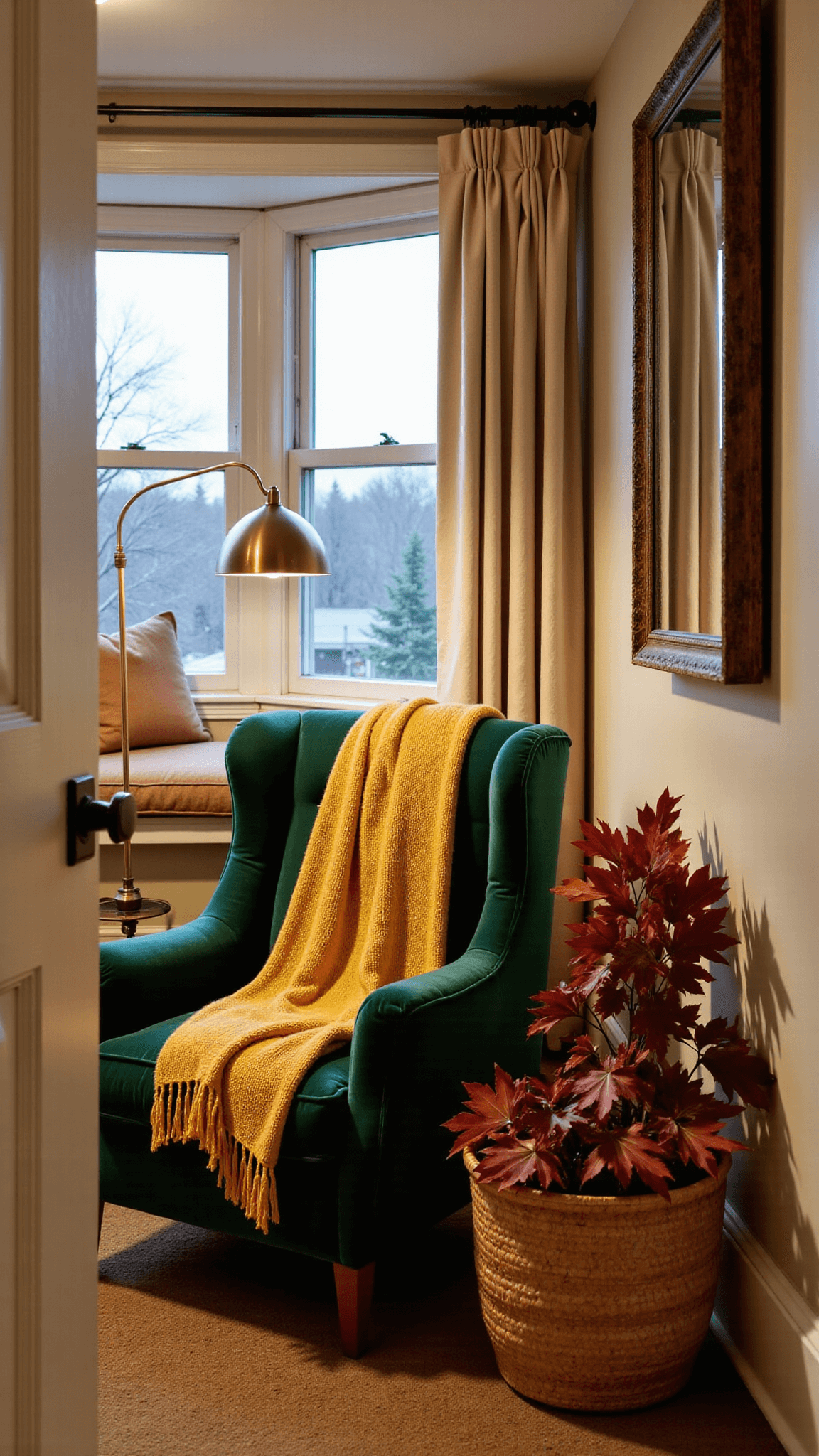 Cozy reading nook with green velvet armchair, mustard yellow wool throw, brass lamp and bay window seat at dusk, reflected by a vintage mirror and adorned with a basket of autumn leaves.