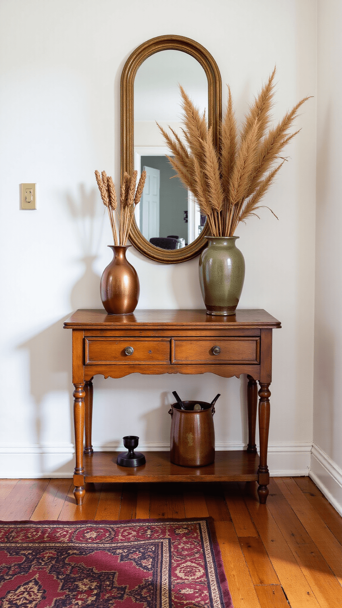 Antique oak console table styled with brass mirror and vase filled with dried arrangements of pampas grass, wheat stalks, and oak leaves in afternoon light, with vintage copper umbrella stand and handwoven runner on warm-toned wooden floor.