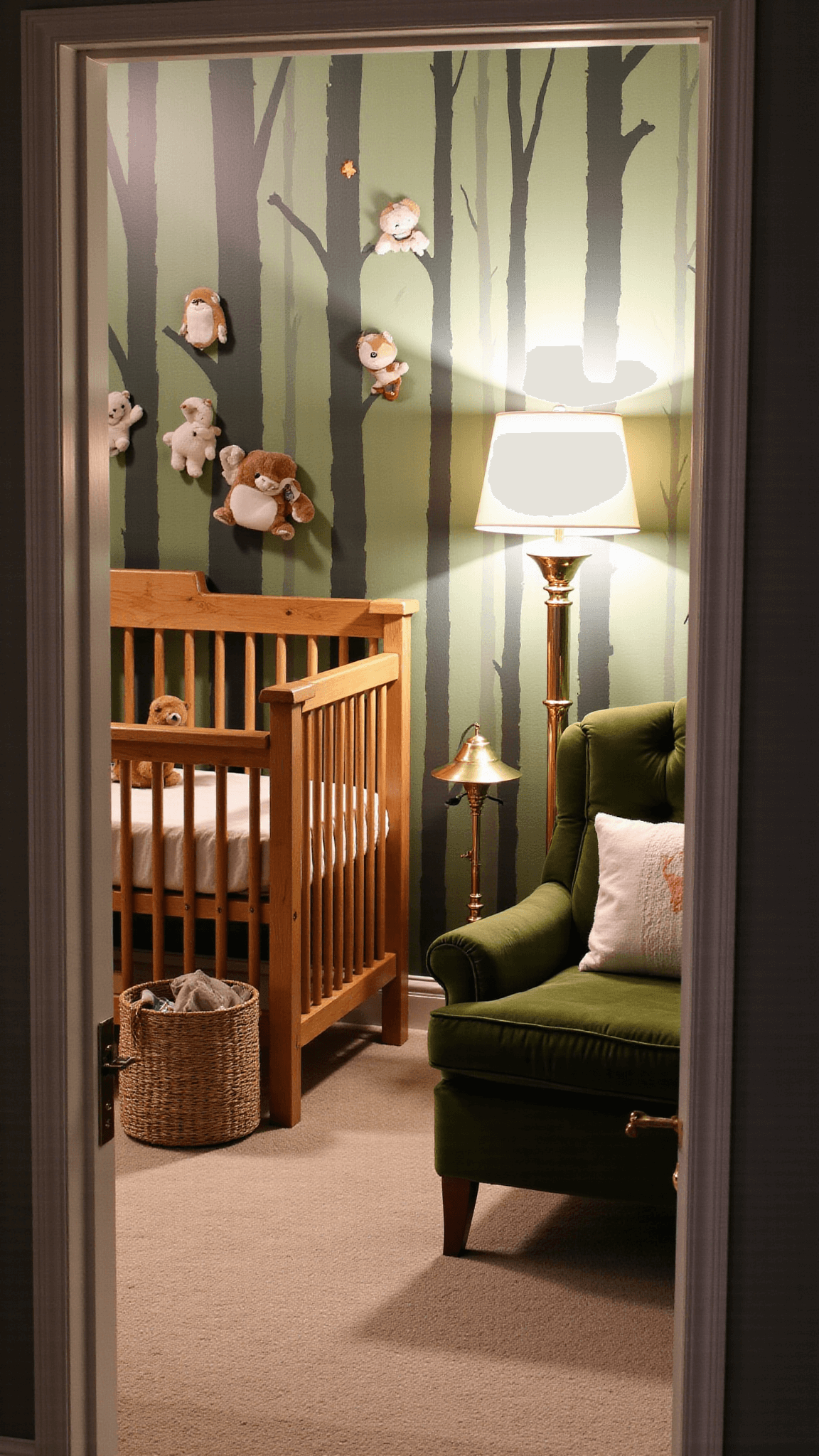 Enchanted forest themed nursery with pine wood crib, forest green accents, oversized stuffed animals, painted tree mural, moss green velvet glider, brass mushroom lamp, and natural fiber basket filled with blankets under warm, dimmed lighting.