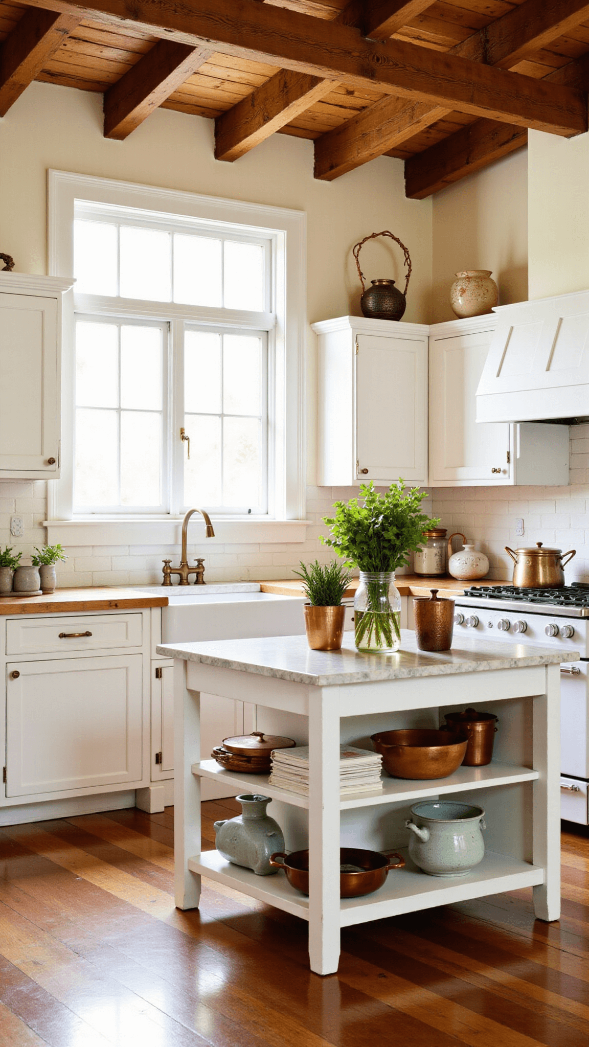 Sunlit farmhouse kitchen with wooden beams, a vintage sink, white cabinets, butcher block counters, a marble island, copper cookware, and fresh herbs