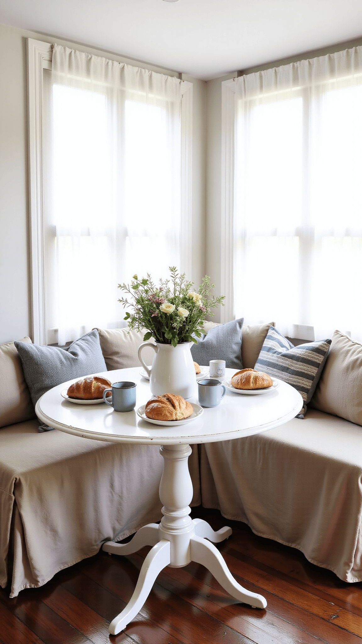 Early morning breakfast scene in a farmhouse kitchen nook with bench seating, a distressed white table set with stoneware mugs, fresh pastries, and a vintage enamelware pitcher with wildflowers, all bathed in sunlight filtering through sheer café curtains.