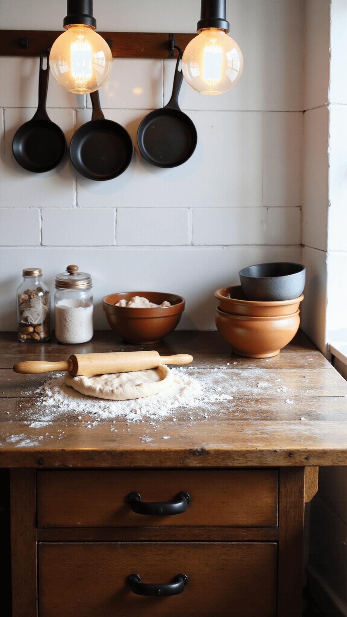 Overhead view of a vintage kitchen scene with pie dough preparation on a wooden island, surrounded by earthenware mixing bowls, cast iron skillets, and mason jars, lit by antique pendant lights and window light.