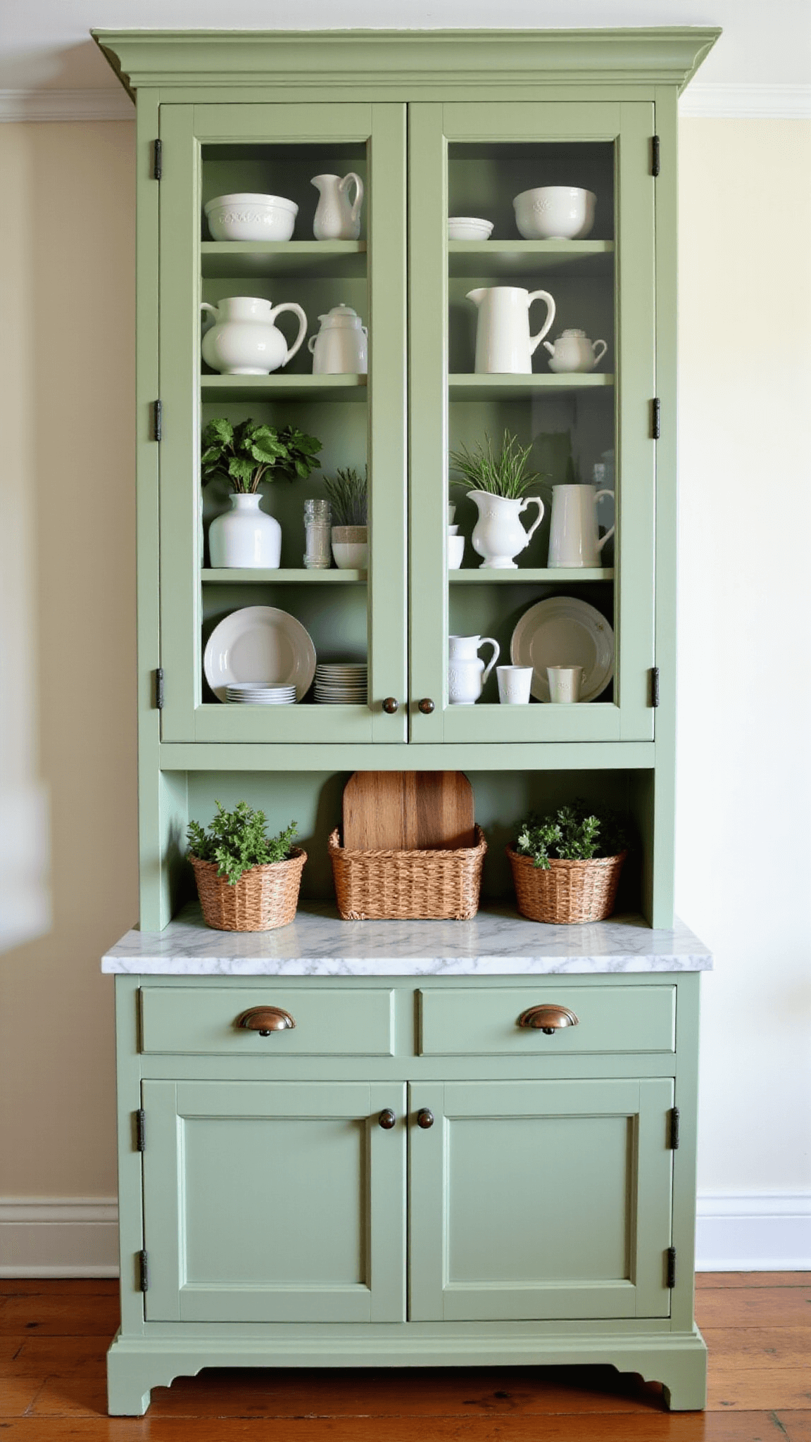 Sage green corner hutch in kitchen showcasing vintage kitchenware, marble-topped lower cabinets, potted herbs, and woven baskets