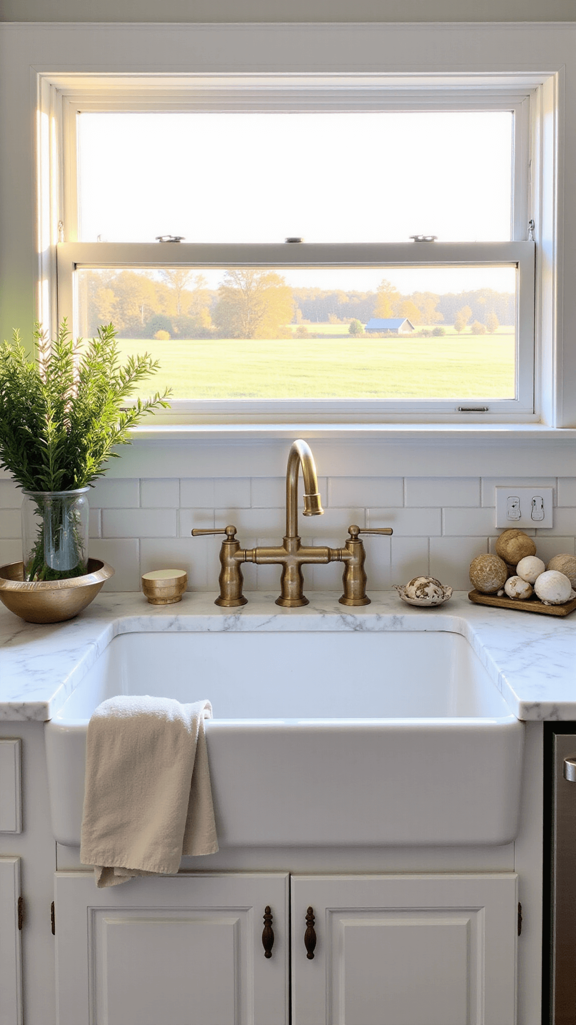 Vintage-styled kitchen sink area with white marble countertop, beadboard backsplash, and natural elements including potted rosemary and sea shells under golden light from window overlooking pastoral view.