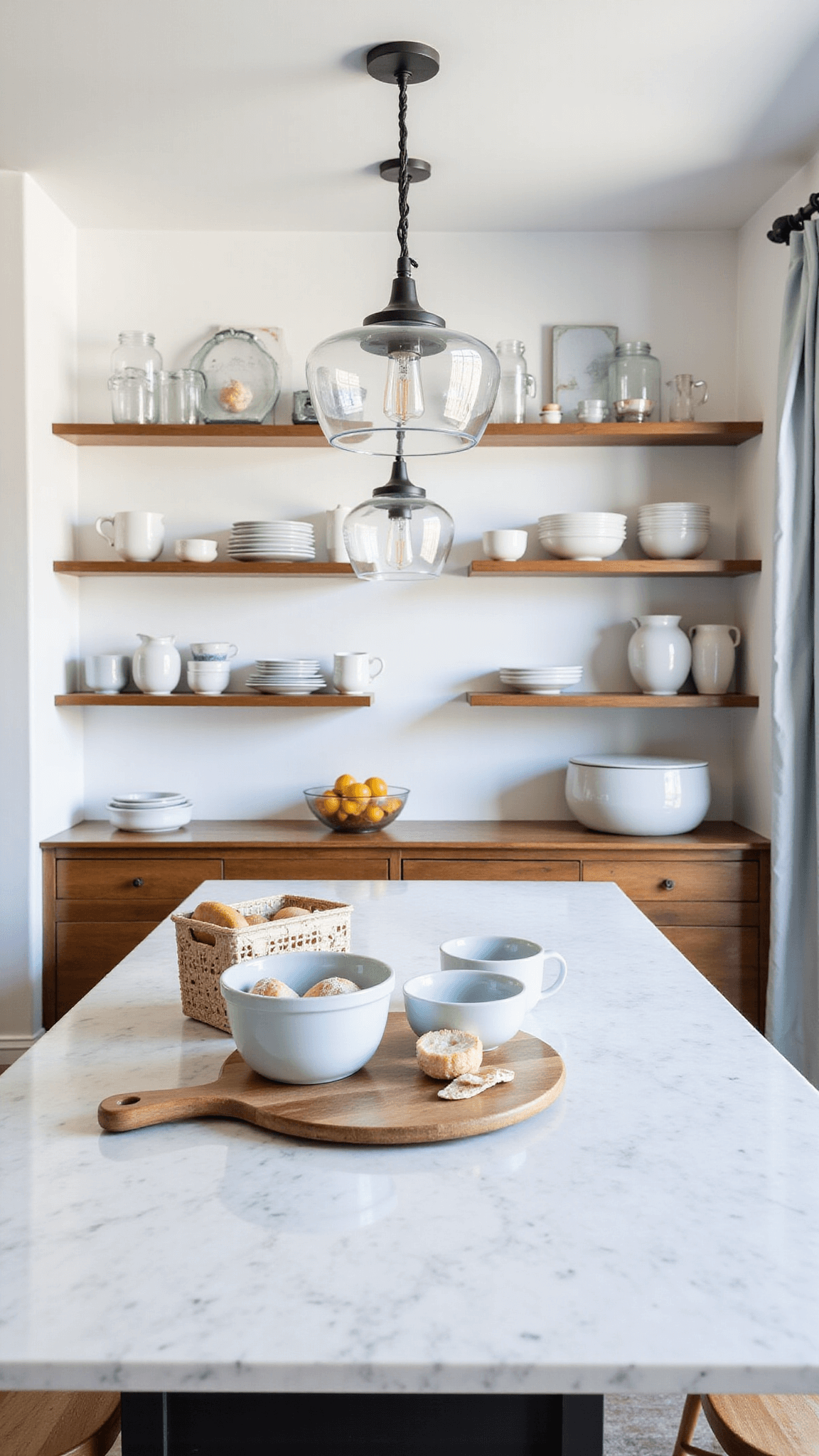 Breakfast preparation on a marble-topped kitchen island under industrial-style pendants, featuring vintage mixing bowls, ceramic egg crate, fresh bread board, and stoneware collection in an airy space with morning light.