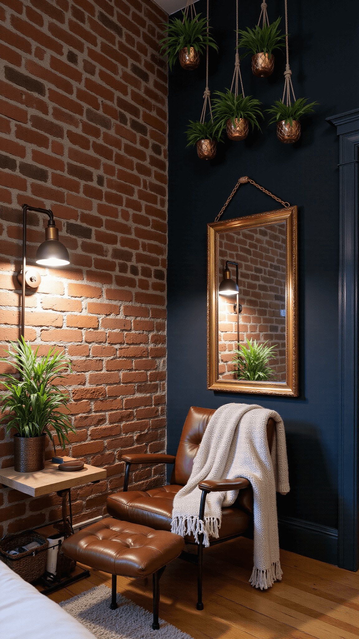 Cozy bedroom corner at dusk, featuring a blue painted brick wall, black accent wall, leather reading chair with knit throw, oversized floor mirror reflecting warm light from copper floor lamps, and hanging plants in macramé planters.