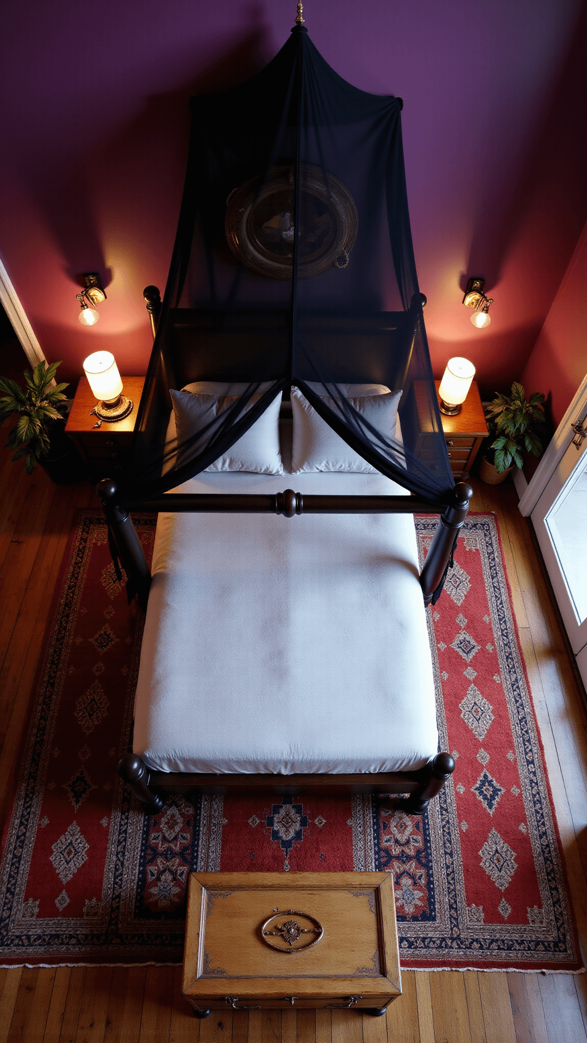 Aerial view of a 16x18ft master bedroom at twilight with a four-poster bed draped in black mosquito netting, deep purple walls, hardwood floors with Moroccan rugs, brass sconces, pillar candles, a wooden chest, a potted monstera, and a round rattan mirror.
