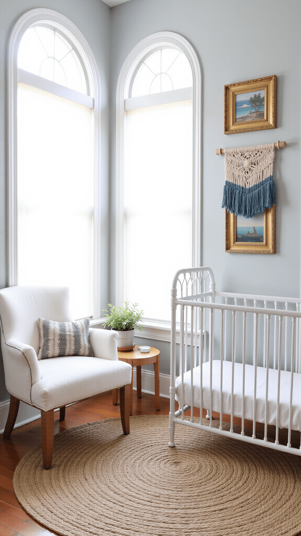 Bright nursery with white iron crib, gray walls, arched windows, a large jute rug over seagrass matting, a handmade macramé wall hanging in shades of blue, and vintage coastal paintings in gold frames.