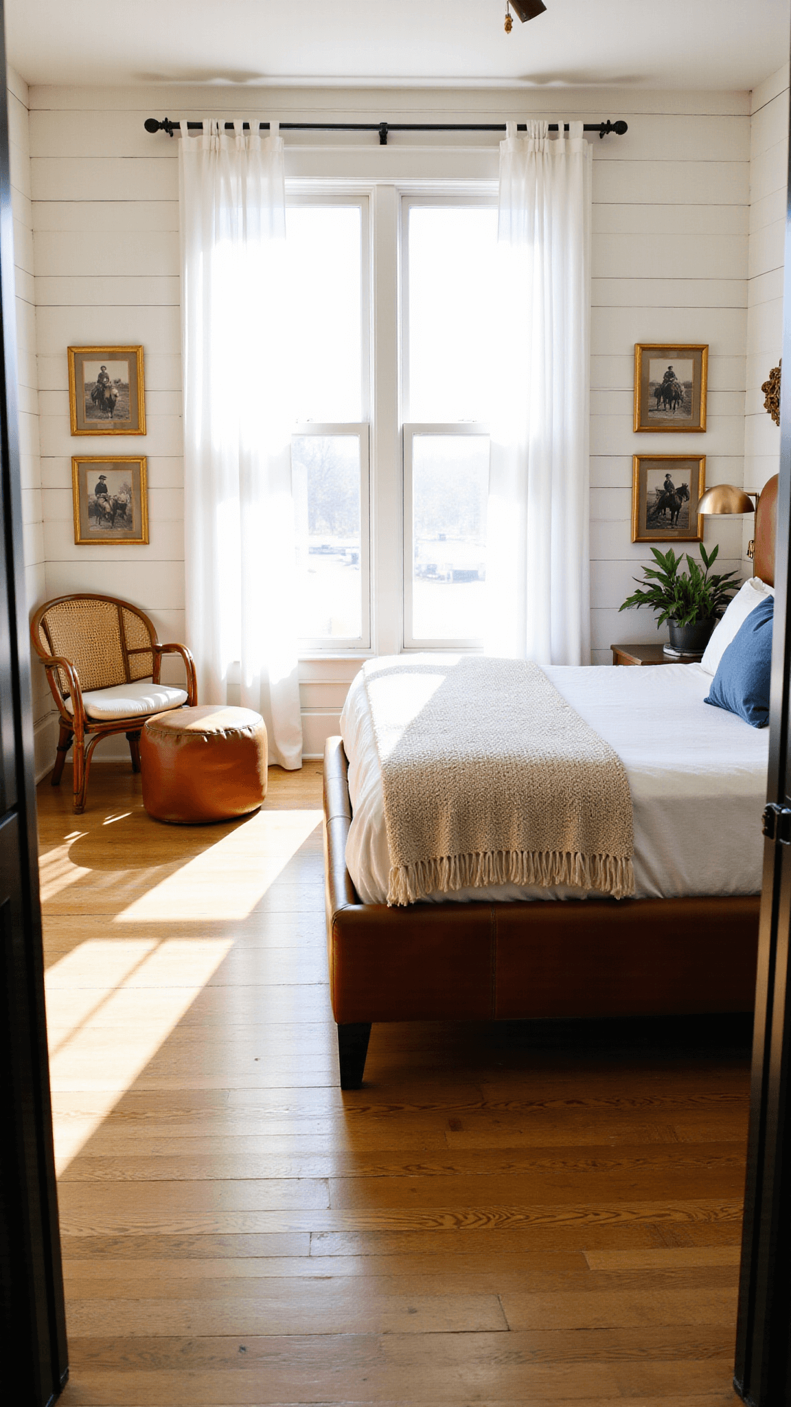 Sunlit 14x16ft bedroom with distressed leather king-sized bed, white linen and denim pillows, vintage photos on shiplap walls, and rattan chair with leather pouf; shot during golden hour through a 35mm lens.