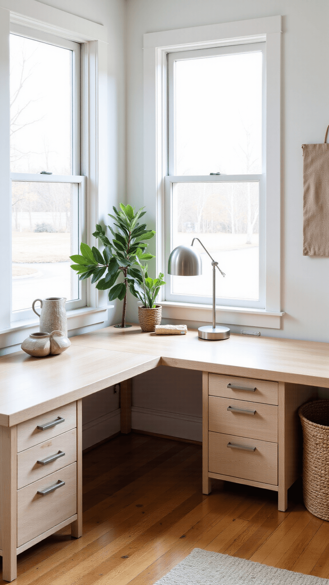 Modern home office bathed in morning light featuring a large L-shaped desk in whitewashed oak, floating cabinets, handmade ceramic decor, brushed nickel task lamp, linen pin board, fiddle leaf fig plant and woven reed baskets.