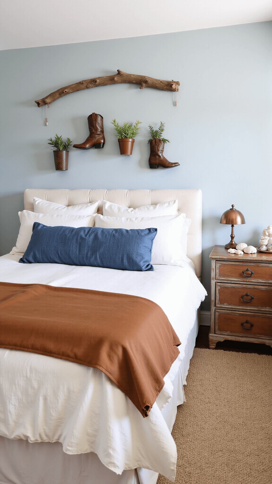 Cozy morning-lit bedroom with queen bed, ivory linen, denim pillows, leather accent throw, driftwood wall art, vintage cowboy boot planters, sisal rug, and distressed wooden dresser with shell collections and copper accents