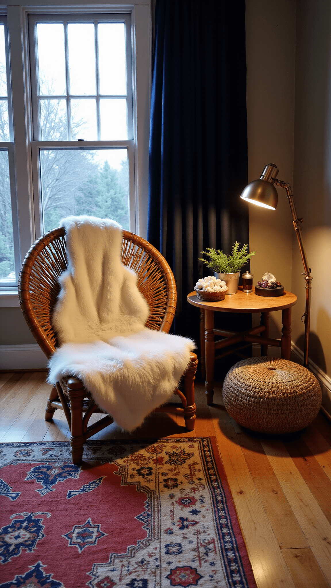Dusk-lit master bedroom sitting area with oversized rattan peacock chair, reclaimed wood side table with crystals and air plants, jute pouf, vintage kilim rugs, and a brass floor lamp.