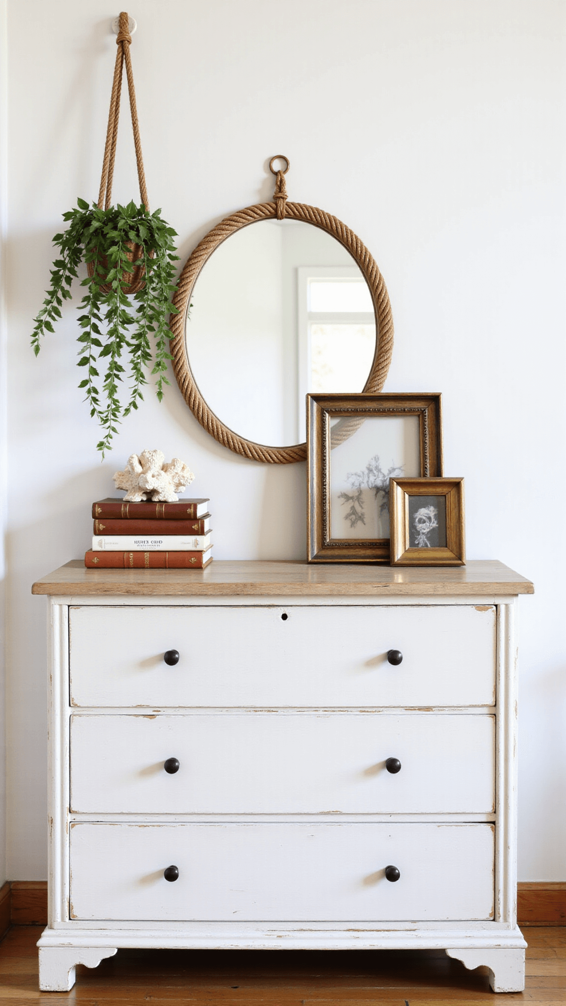 Vintage vanity corner with oval mirror, styled dresser, macrame plant hanger, and intimate decor details in bright midday light