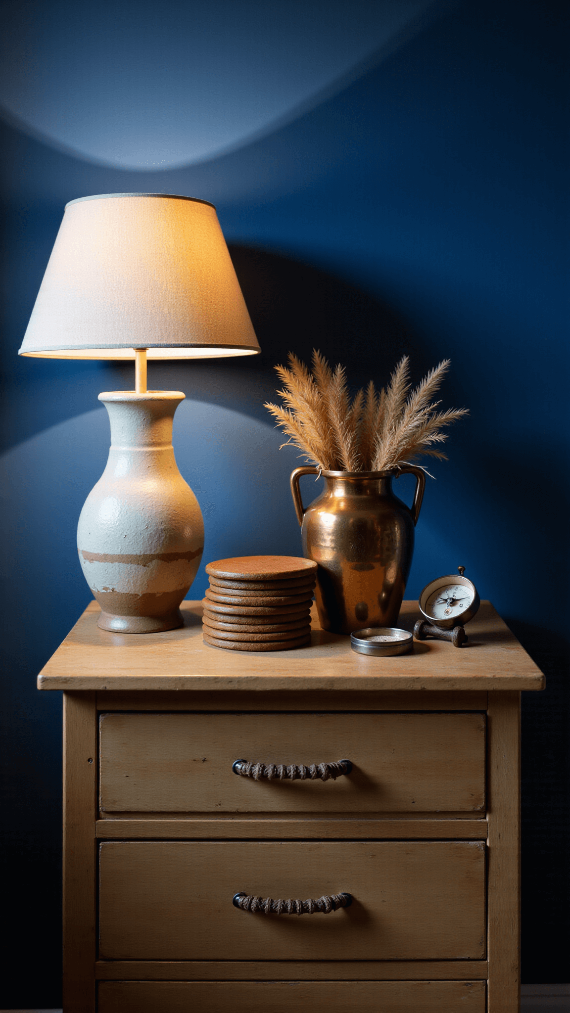 Blue hour shot of weathered pine nightstand with ceramic lamp, stacked leather coasters, dried pampas grass in a copper vase, and a vintage compass styled under moody natural light.