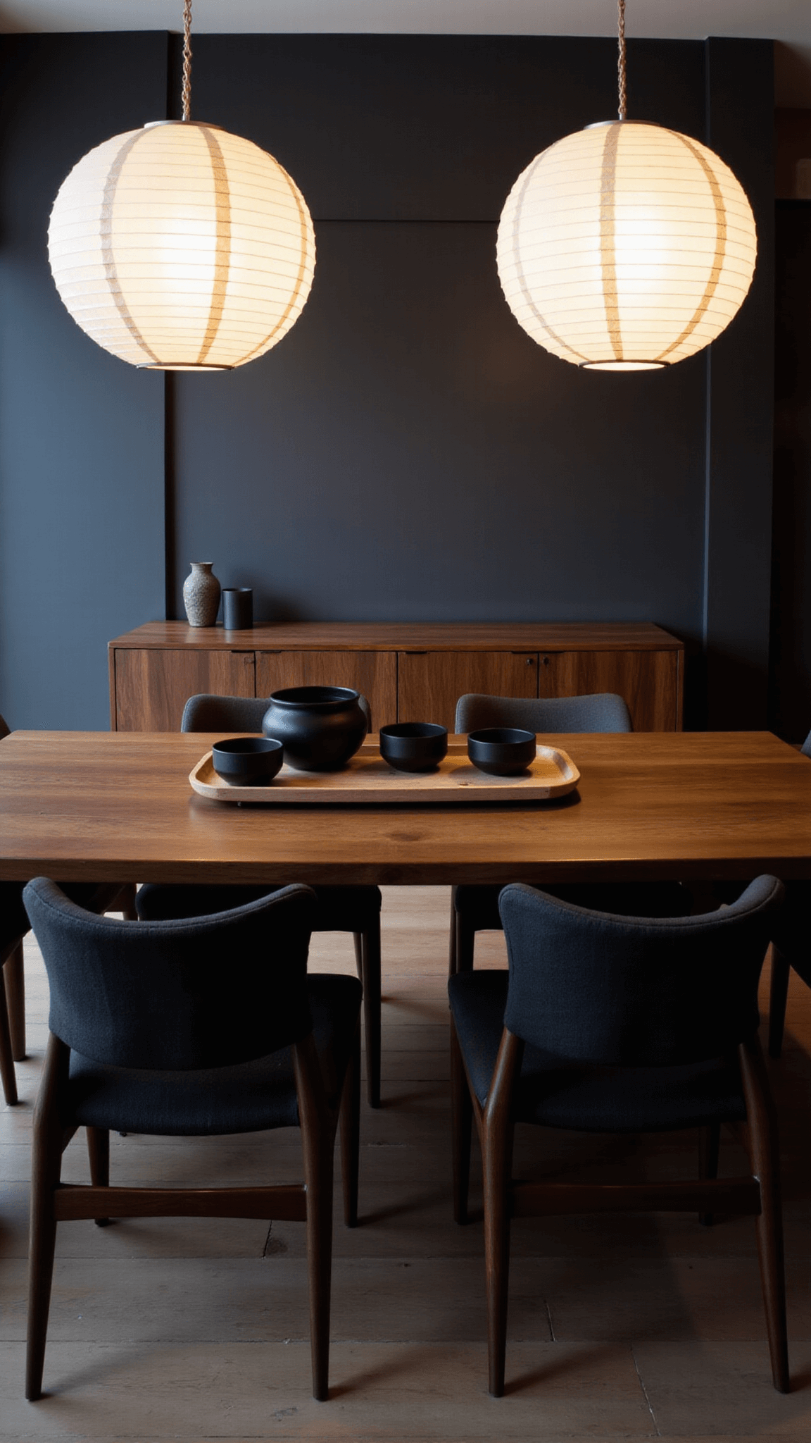Japandi-style dining room at twilight with a dark walnut table, six minimalist charcoal linen chairs, a low profile credenza, and an accent wall in Venetian plaster dark gray; enhanced by soft illumination from oversized paper lantern pendants and a black stoneware set on a wooden tray. The space is captured in moody lighting, emphasizing contrast and forms.