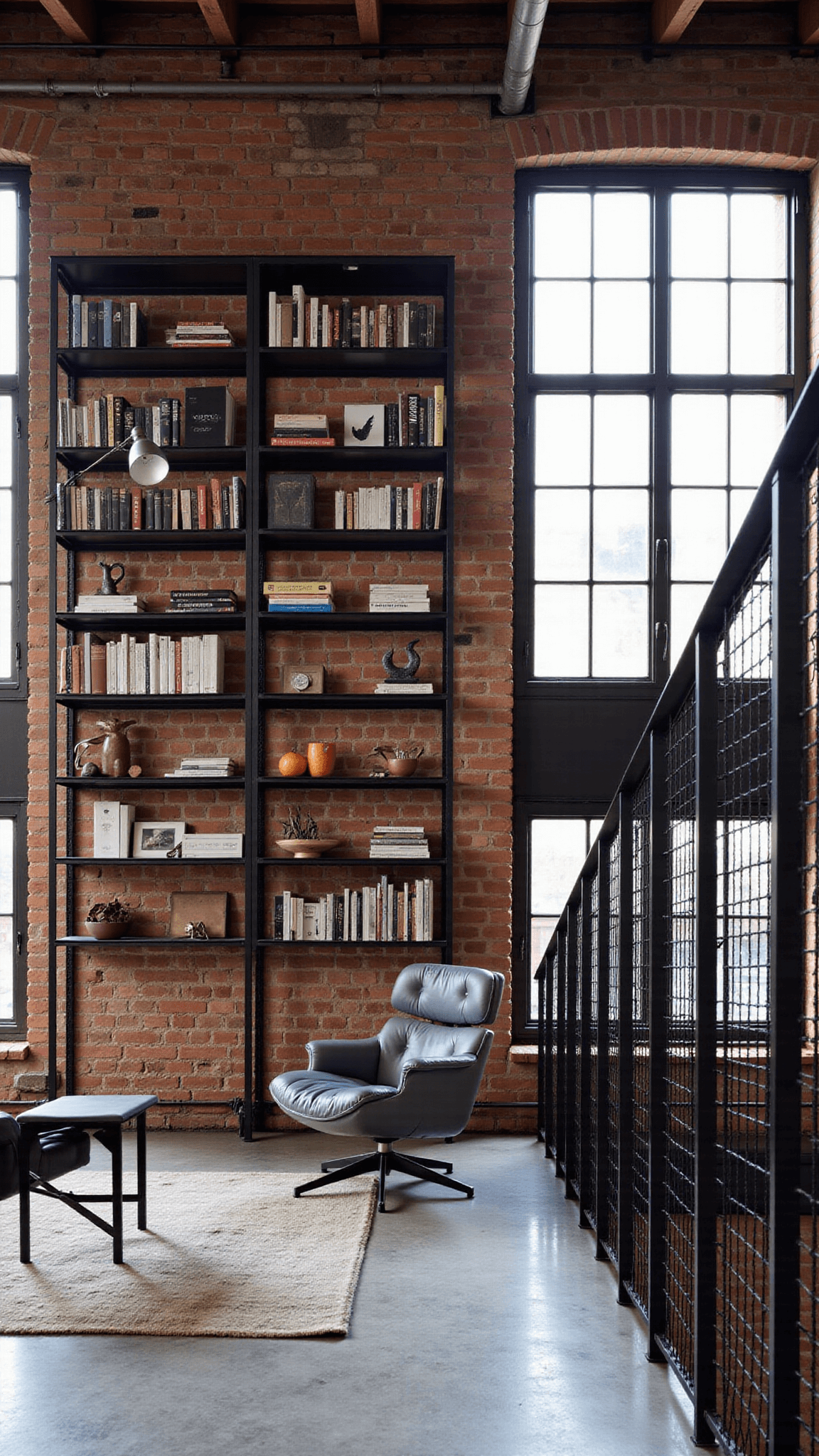 High-angle view of an industrial modern library in a converted loft space with afternoon light streaming through factory windows, showcasing exposed brick walls, steel beams, black metal and glass shelves filled with books and sculptures, gray leather Wassily chair, industrial floor lamp, polished concrete floors, and a vintage overdyed rug.