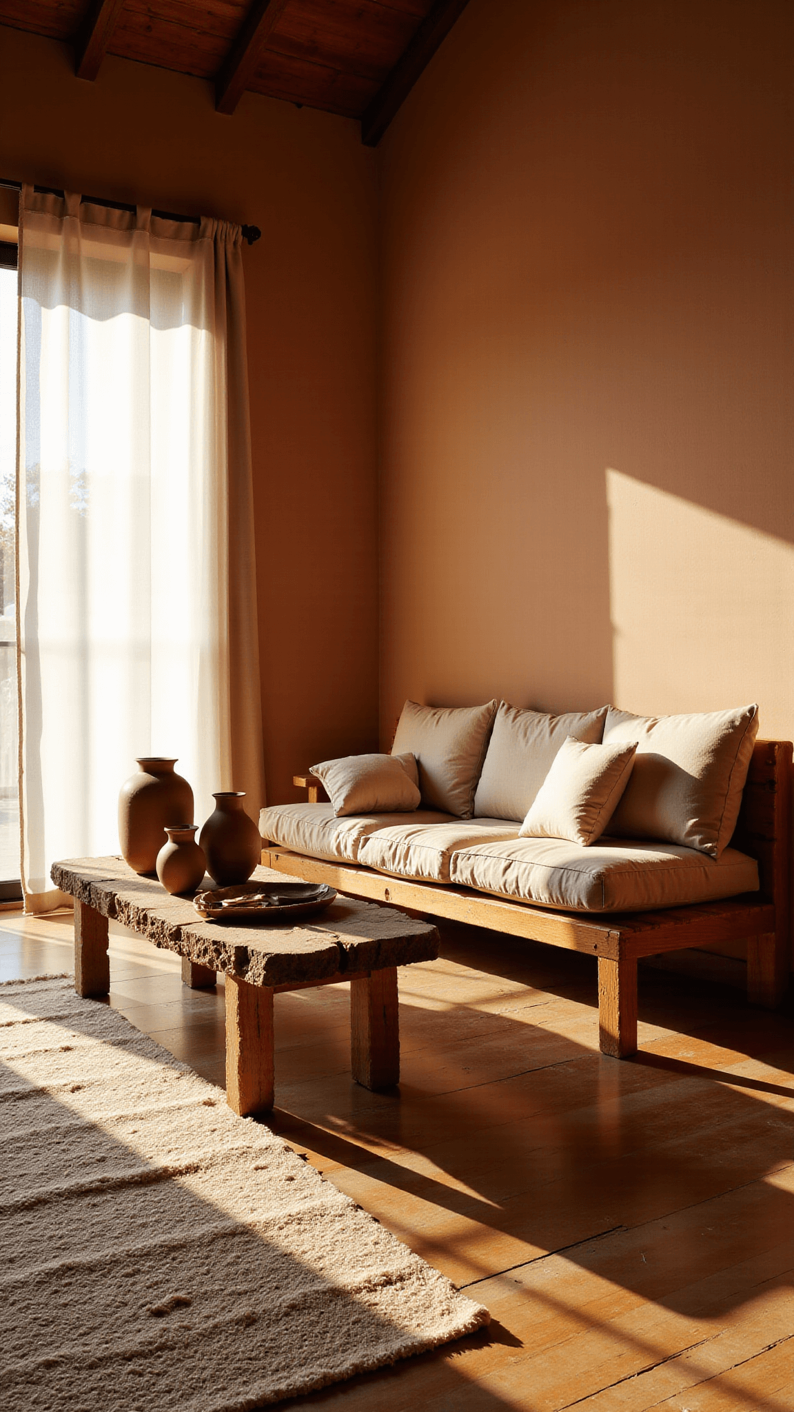 Sunlit living room with oak floors, wooden sofa with linen cushions, asymmetrical ceramic vessels on a rustic coffee table, and textured clay walls.