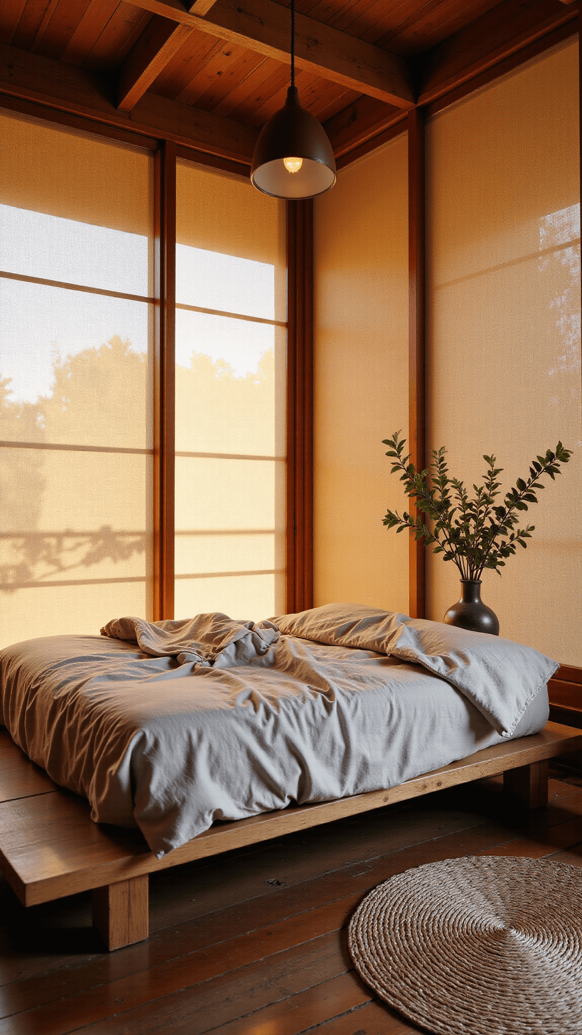 Intimate bedroom at dawn with morning light casting soft shadows on rice paper screens, bed made from reclaimed timber, and rumpled linen bedding in warm beige, copper pendant lamp overhead, bamboo mat and ceramic vase with dried eucalyptus on the floor captured via 35mm lens.