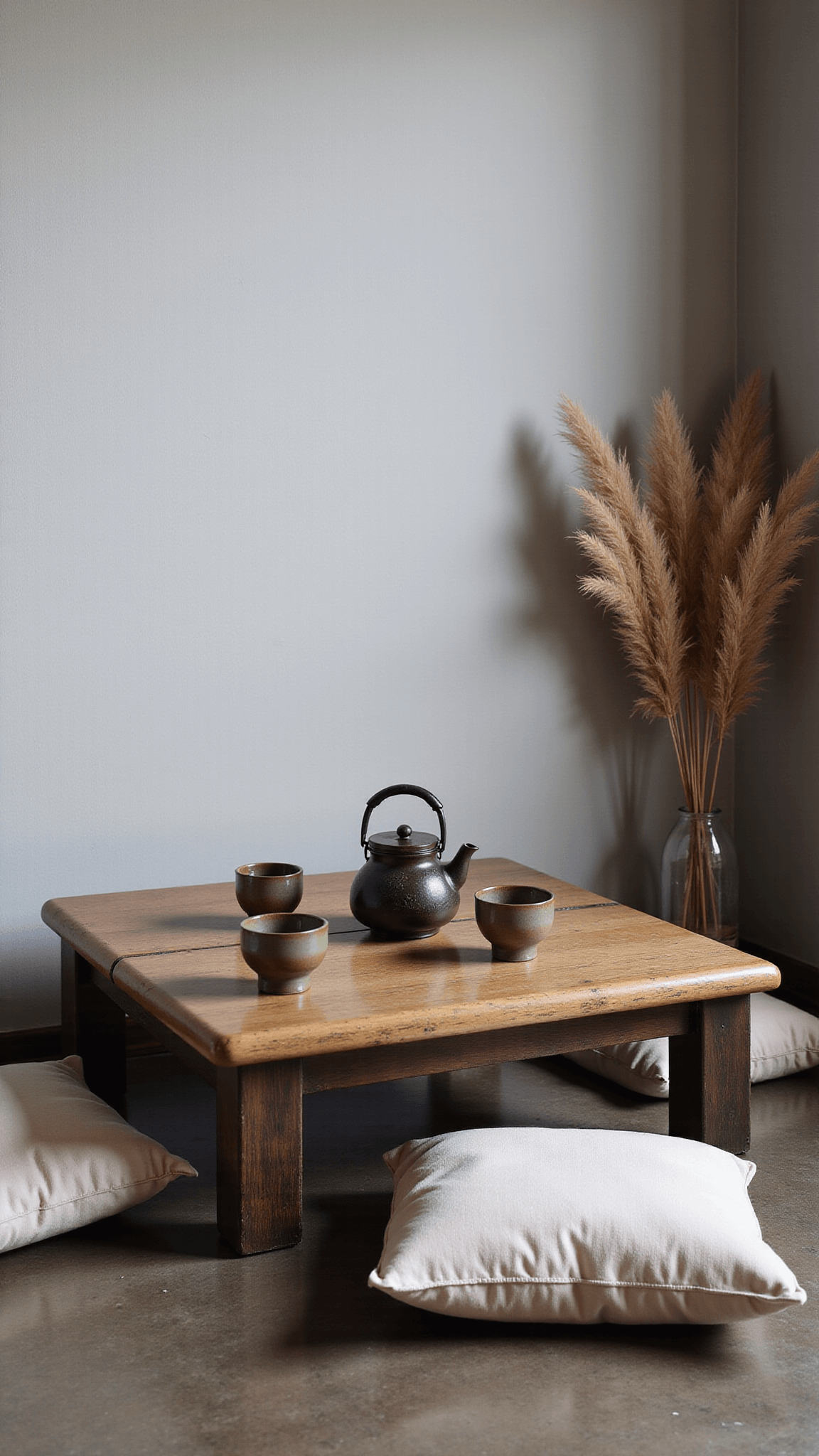 Minimalist tea room with gray plaster walls, distressed concrete floor, low wooden table, earth-toned floor cushions, and cast iron teapot surrounded by ceramic cups, bathed in soft afternoon light.