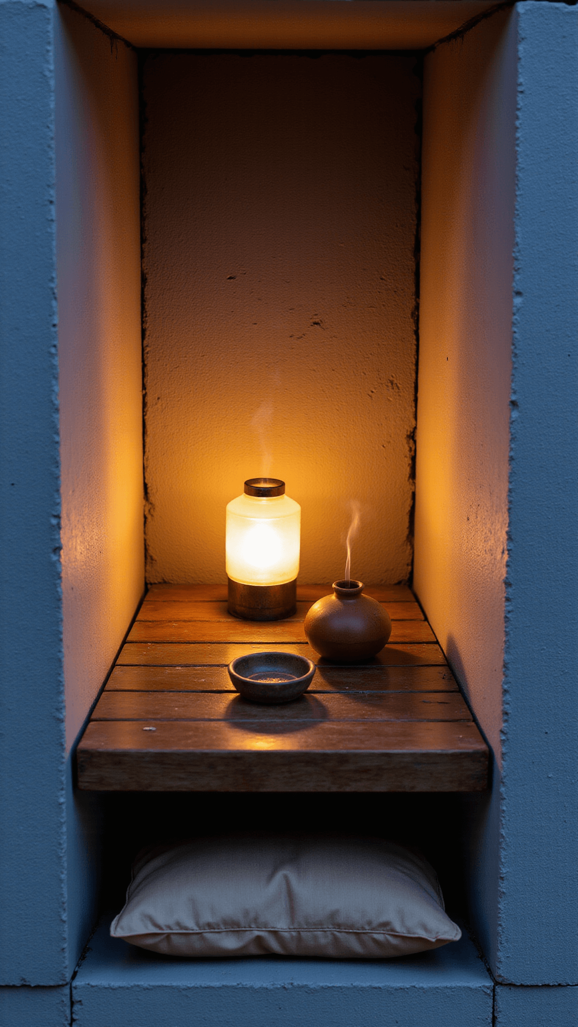 Meditation alcove at dusk with a vintage wooden bench, textured limestone wall, ambient paper lantern lighting, clay incense holder, and worn raw silk meditation cushion