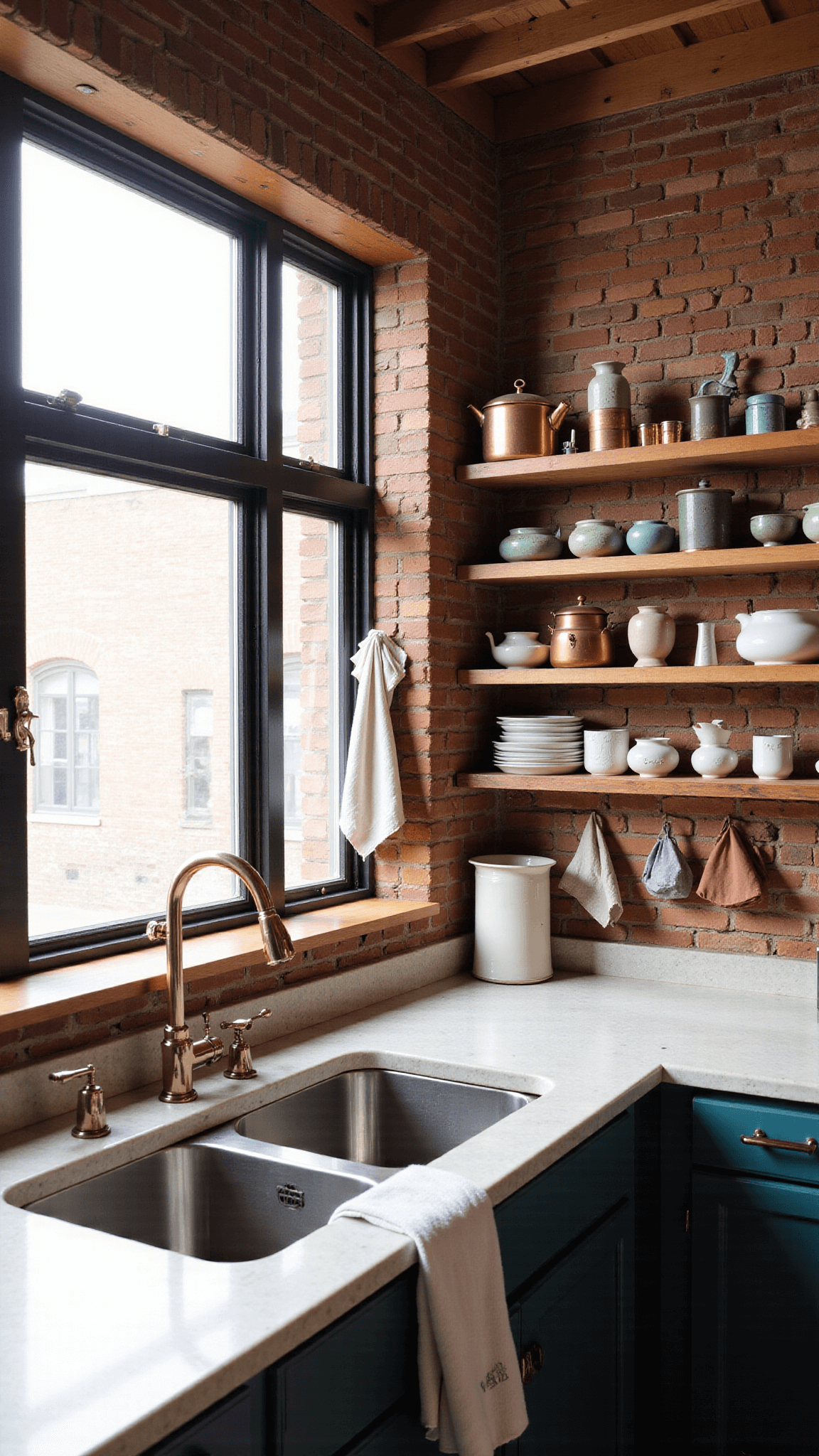 Artist's loft kitchen with sunlight, exposed brick walls, salvaged wood open shelving with ceramics, stone countertops, copper pots on iron rack, and linen tea towels with handmade pottery in natural light.