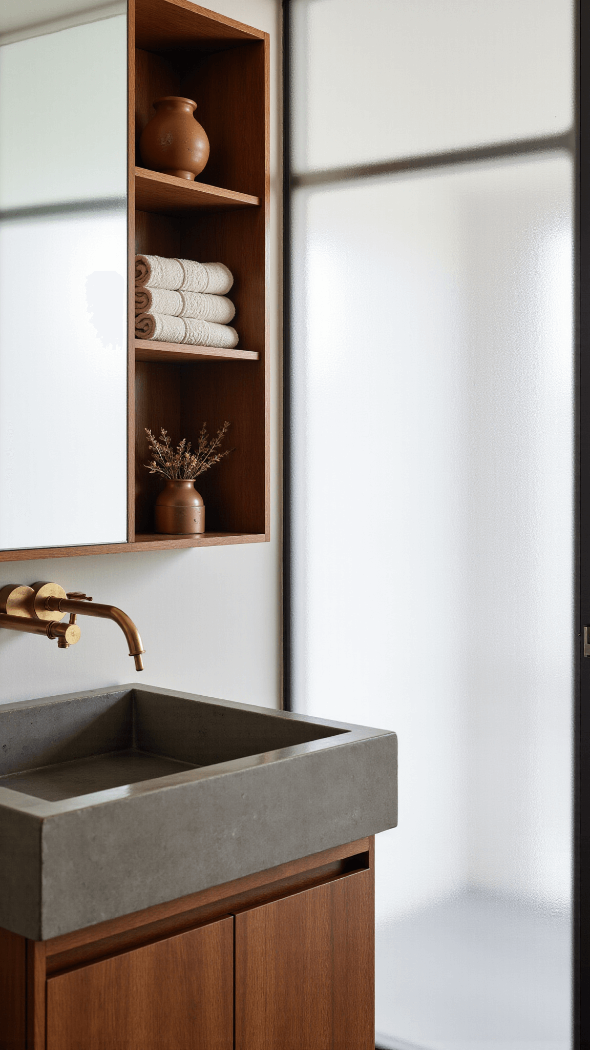 Serene bathroom with morning light filtering through frosted glass, showcasing a polished concrete sink, vintage brass fixtures, wooden shelving with undyed cotton towels, and clay vessels with dried botanicals from a low-angle perspective.