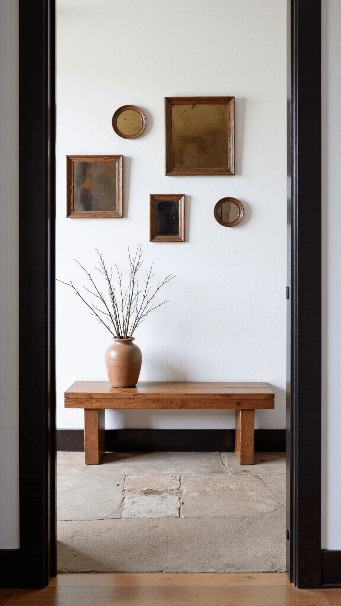 Minimalist wooden bench under a collection of vintage mirrors in a 12x14ft foyer at twilight, with worn stone flooring and textured warm white walls leading to a doorway. A ceramic vessel with dried branches adds a natural touch.