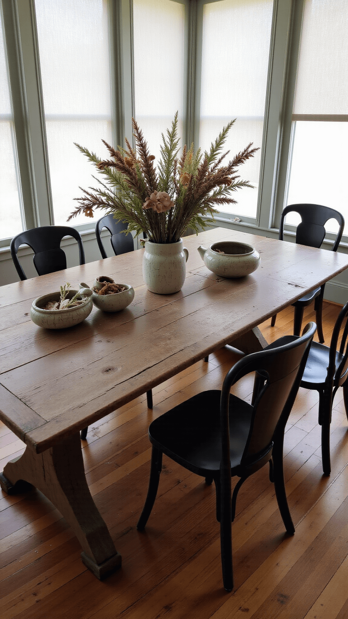 Afternoon tea setup in a 14x16ft dining space with soft light filtering through paper screens; worn ancient wooden table and mismatched vintage chairs filled with crackle-glazed ceramics containing decaying seasonal flowers; textures and colors of worn wood grain, rough pottery, and dried flowers in weathered browns, foggy whites, and pale sage green accents.