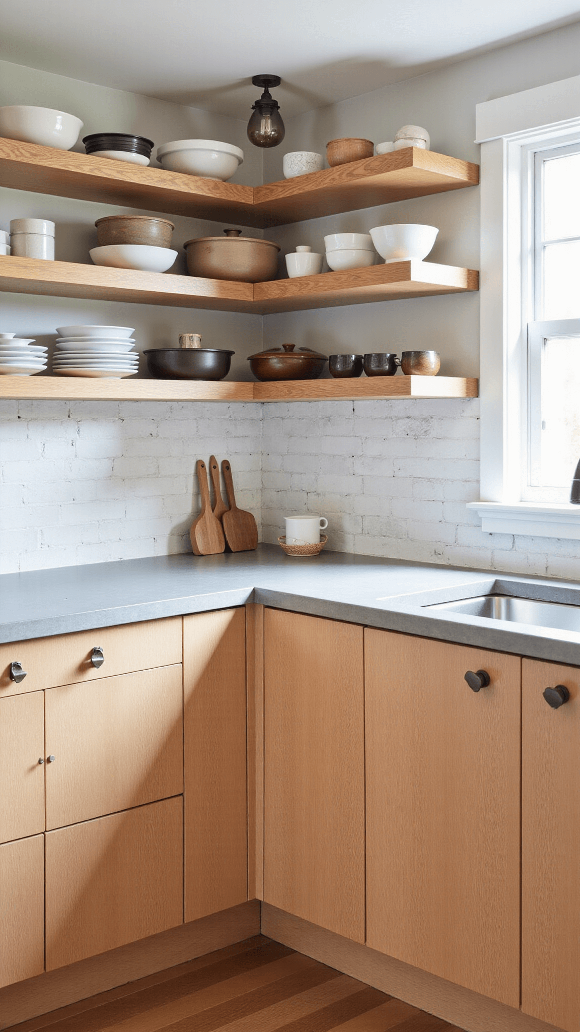 Bright, spacious 14x16ft kitchen with handcrafted oak cabinets, concrete countertops, open shelving with utensils, pendant lights, and limestone backsplash seen from corner.