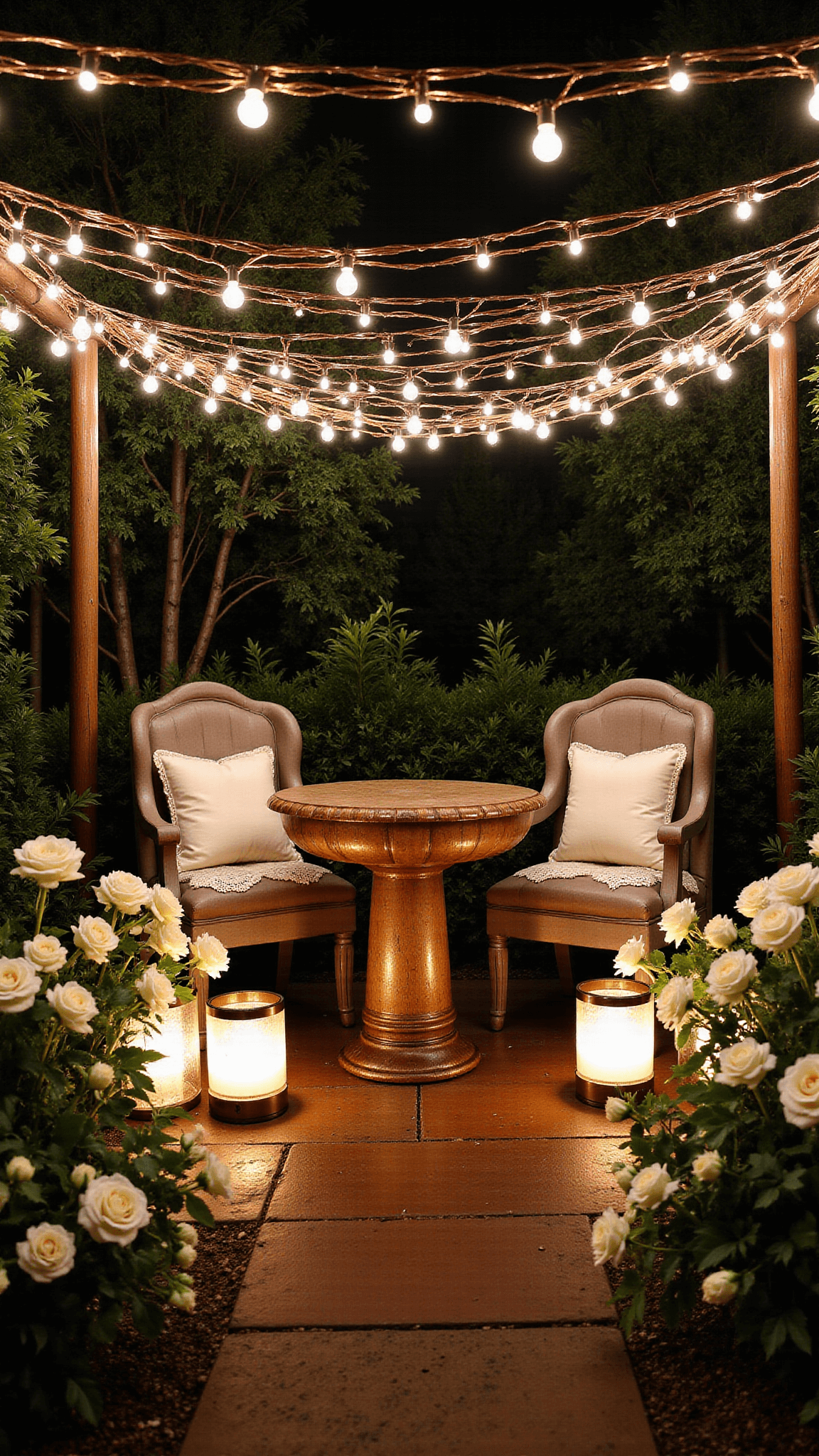 Victorian bird bath surrounded by white roses and mercury glass lanterns in an intimate garden nook at dusk, illuminated by warm fairy lights and reflected on metallic surfaces, with a pathway leading to vintage chairs and lace cushions under a light ceiling made from copper wire strands.